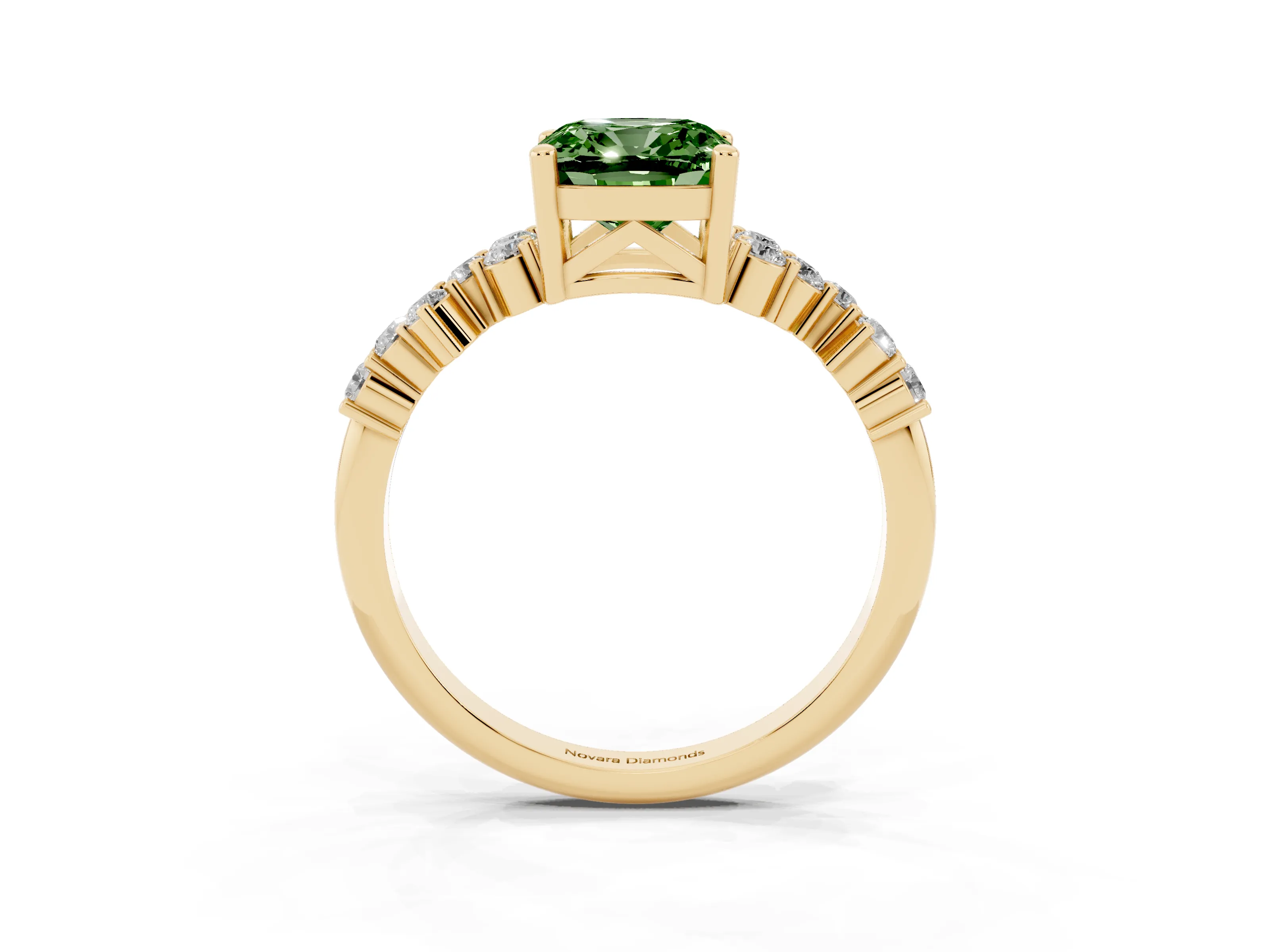 Fancy Green Cushion Cut Diamond Ring Set in Yellow gold with Scattered Round Accents