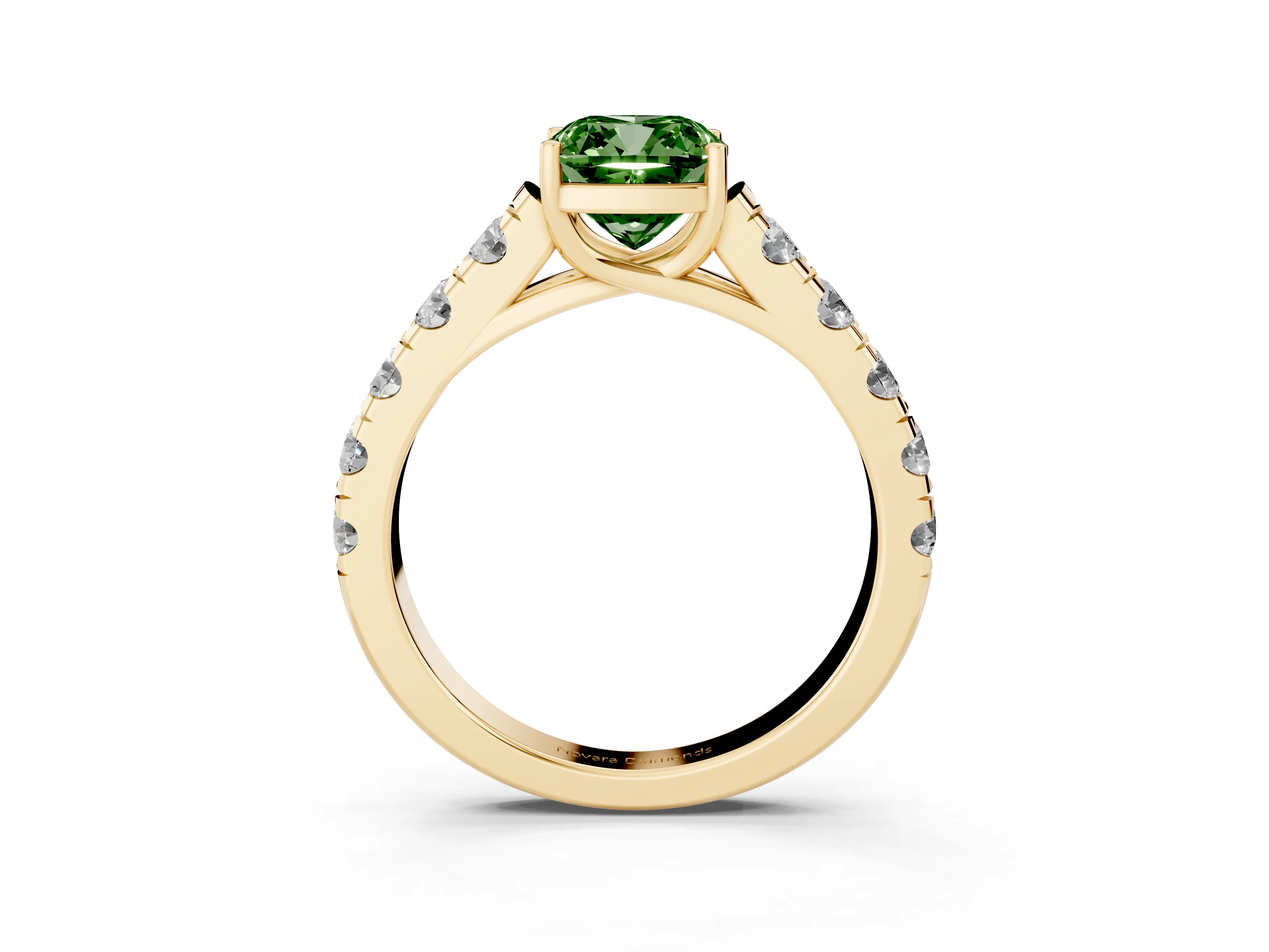 Fancy Green Cushion Cut Diamond Solitaire Ring Set in Yellow gold with Cut-Down Micro Pavé Band and Prong Setting