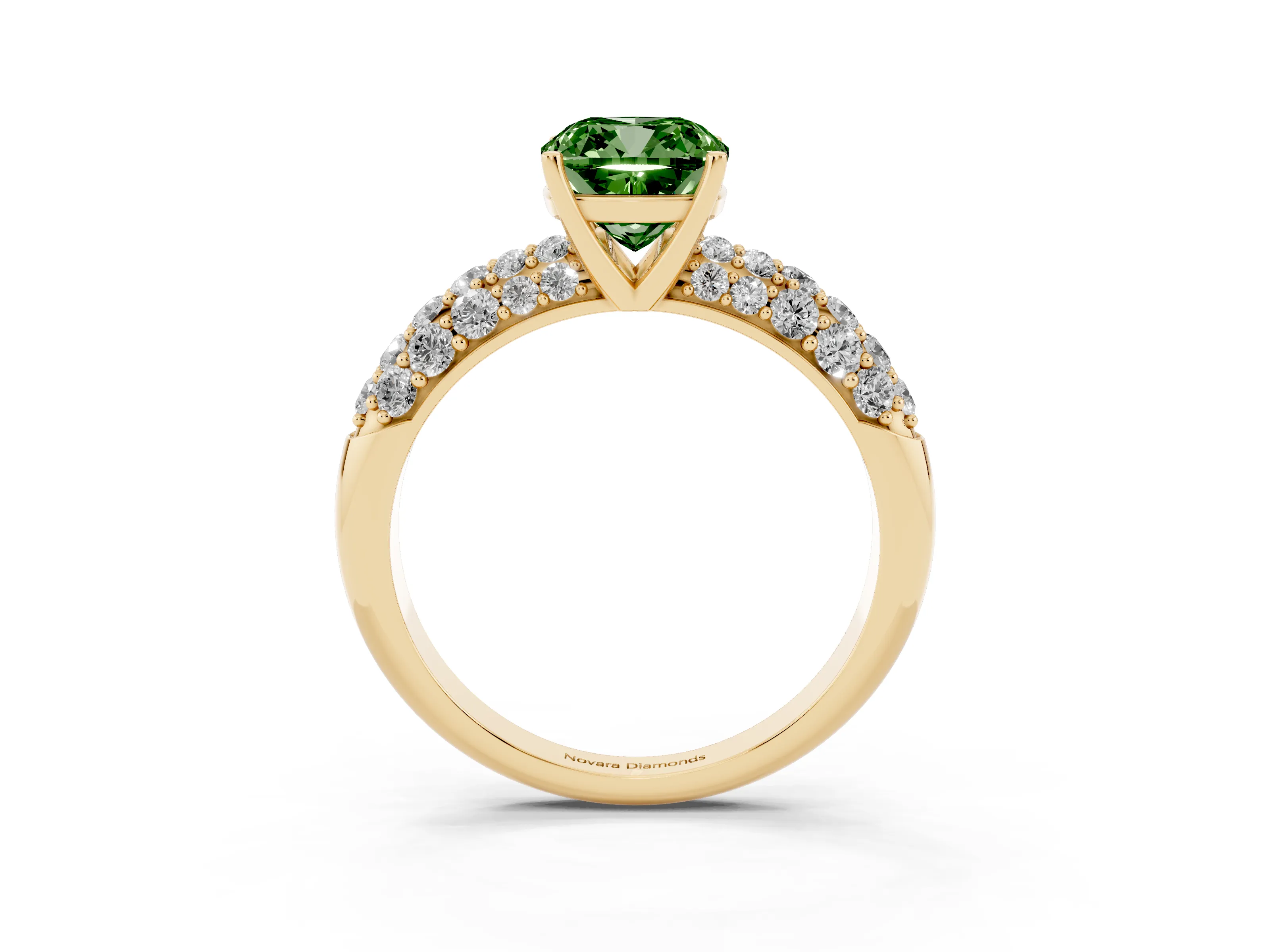 Fancy Green Cushion Cut Diamond Pavé Band Solitaire Ring Set in Yellow gold with Close-Set Accent Stones and Prong Setting