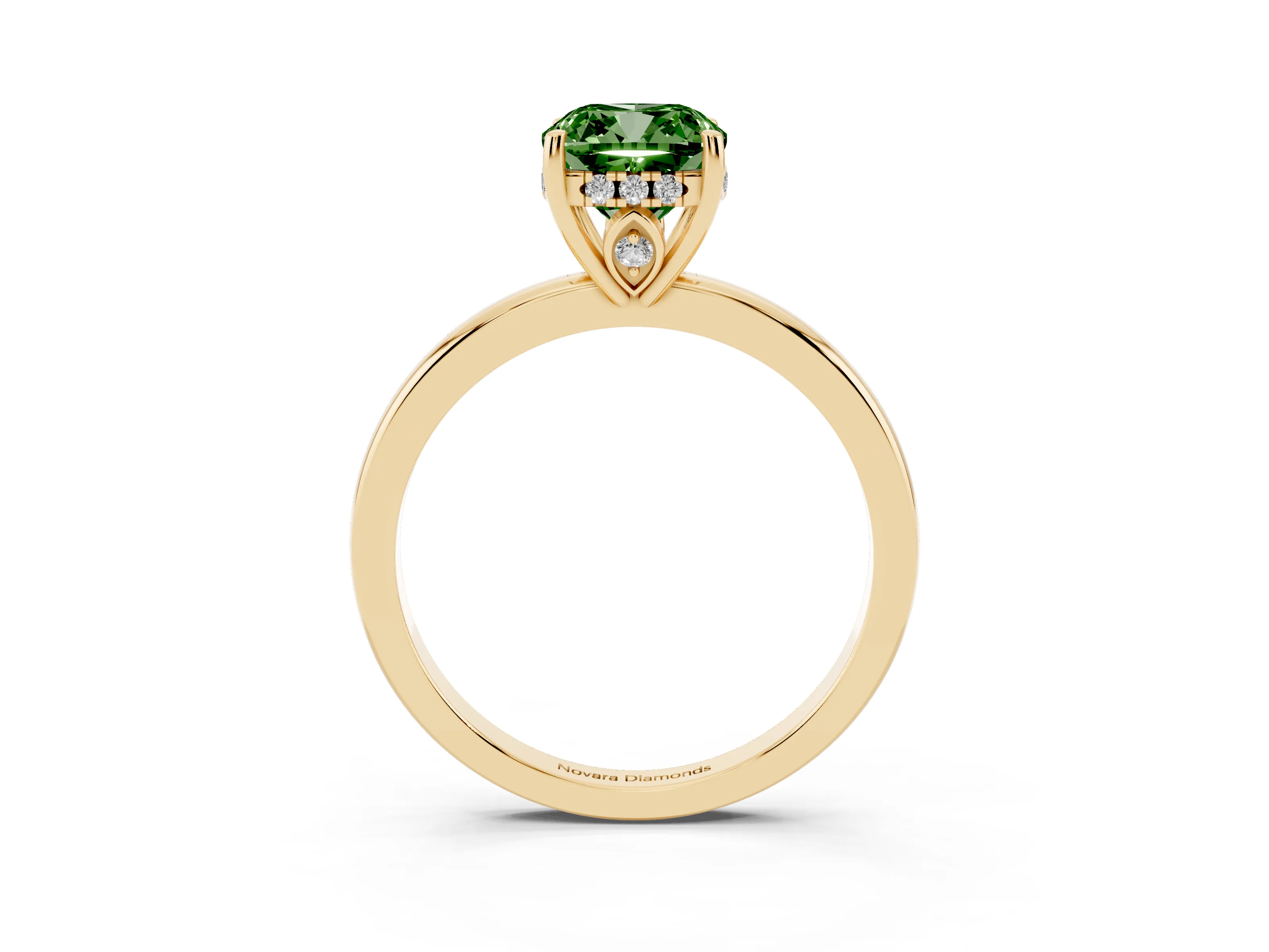 Fancy Green Cushion Cut Diamond Solitaire Ring Set in Yellow gold with Plain Band and Prong Setting