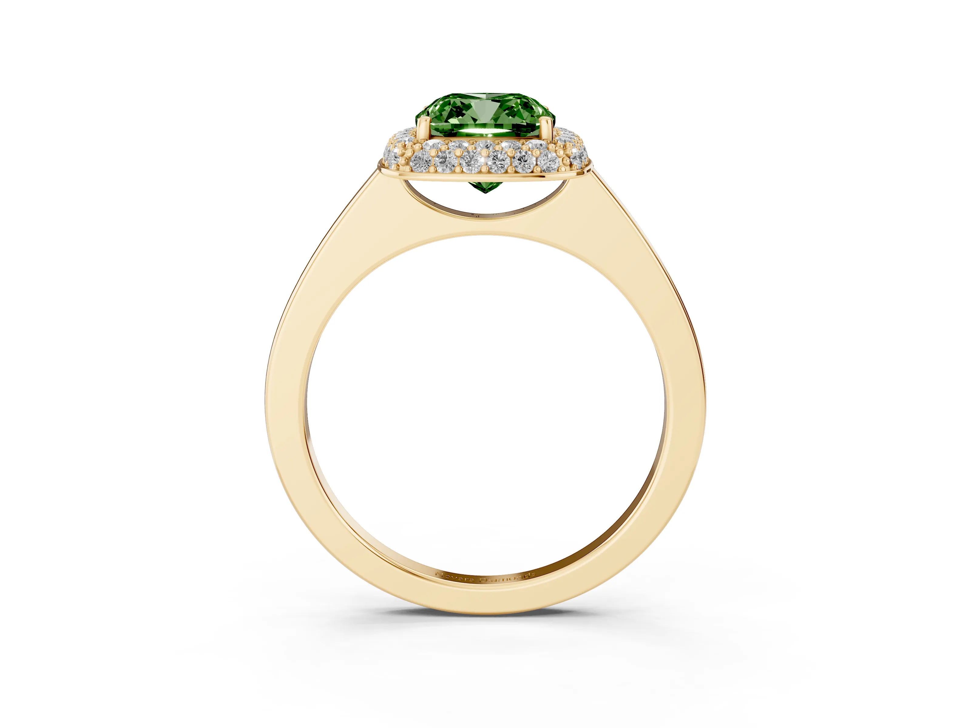 Fancy Green Cushion Cut Diamond Halo Engagement Ring Set in Yellow gold with Solitaire Band and Prong Setting