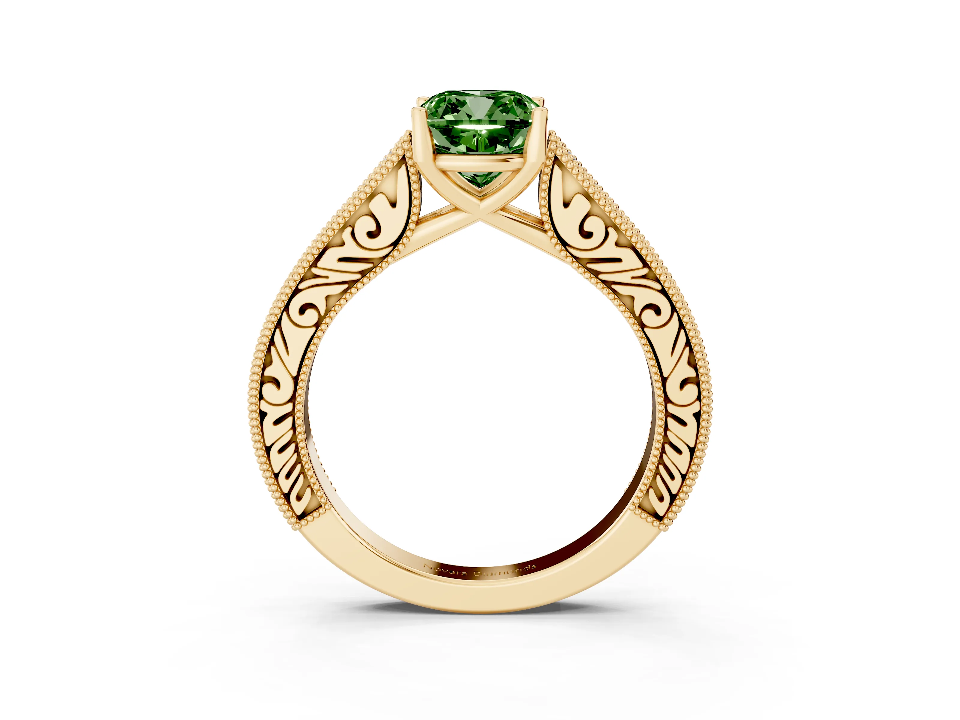 Fancy Green Cushion Cut Diamond Milgrain Pavé Band Solitaire Ring Set in Yellow gold with Prong Setting