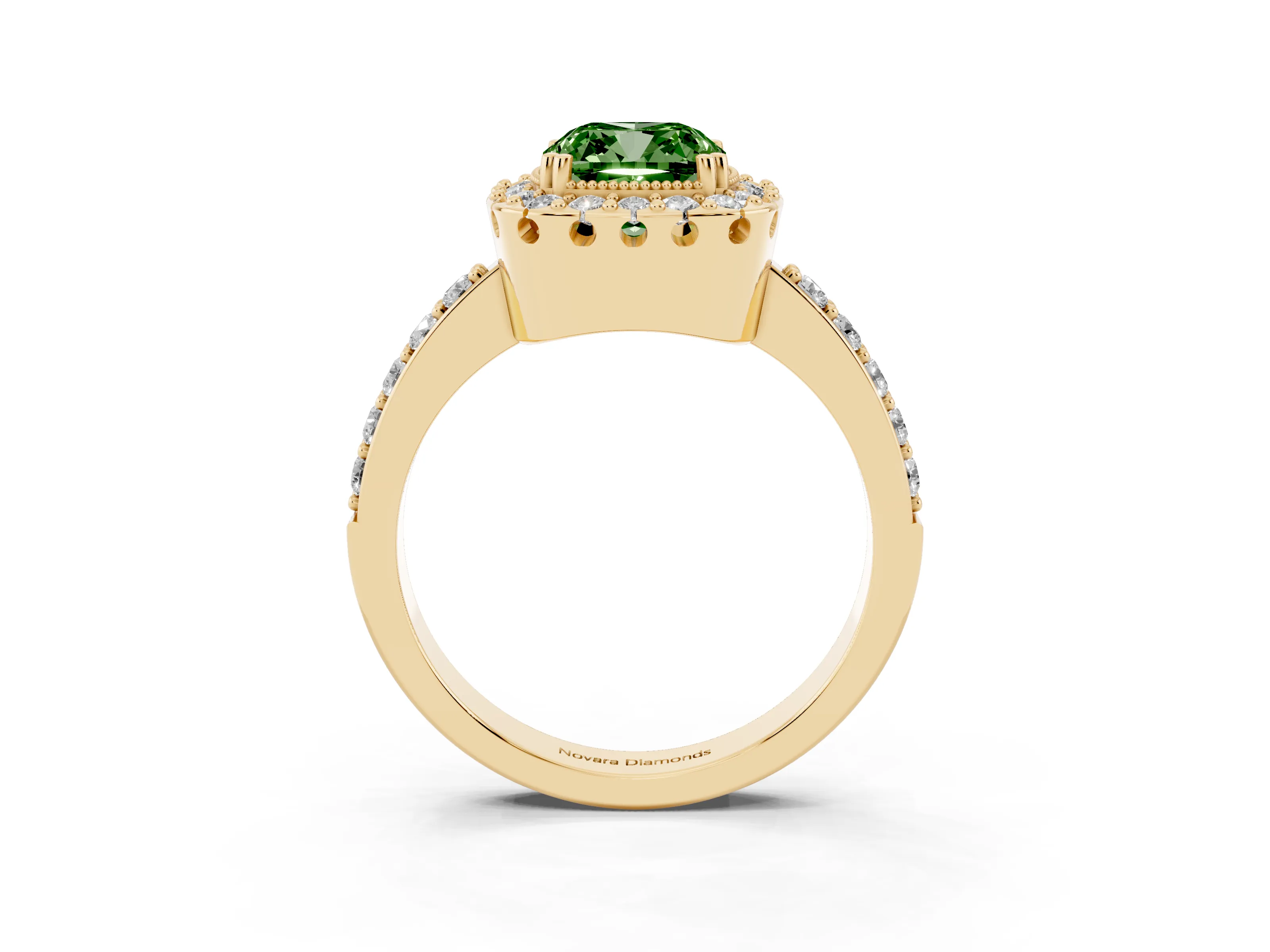 Fancy Green Cushion Cut Diamond Halo Ring Set in Yellow gold with Pavé Shank and Prong Setting