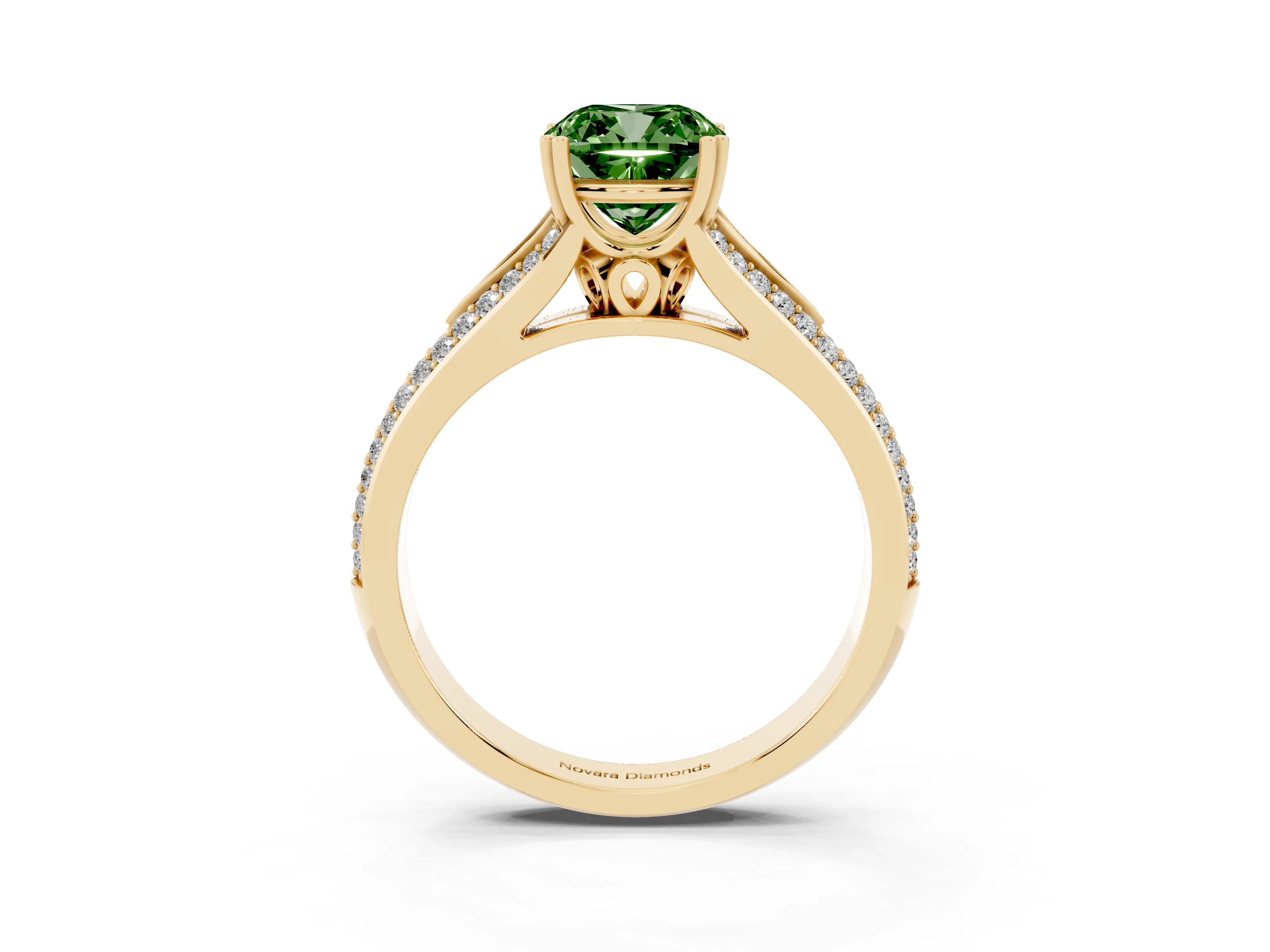 Fancy Green Cushion Cut Diamond Split Shank Pavé Engagement Ring Set in Yellow gold with Prong-Set Center Stone