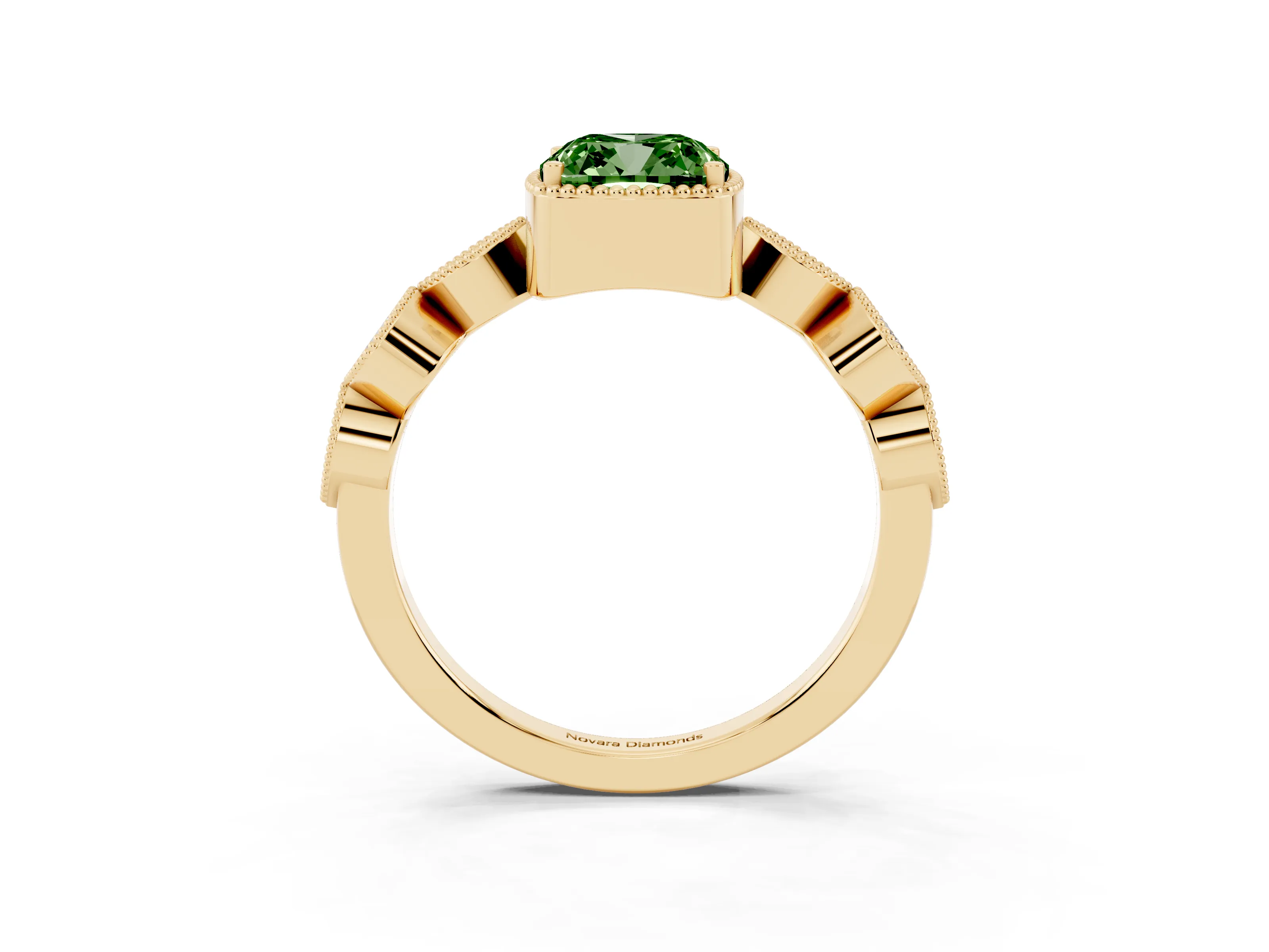 Fancy Green Cushion Cut Diamond Vintage-Inspired Milgrain Ring Set in Yellow gold with Marquise Stations of Round Accents