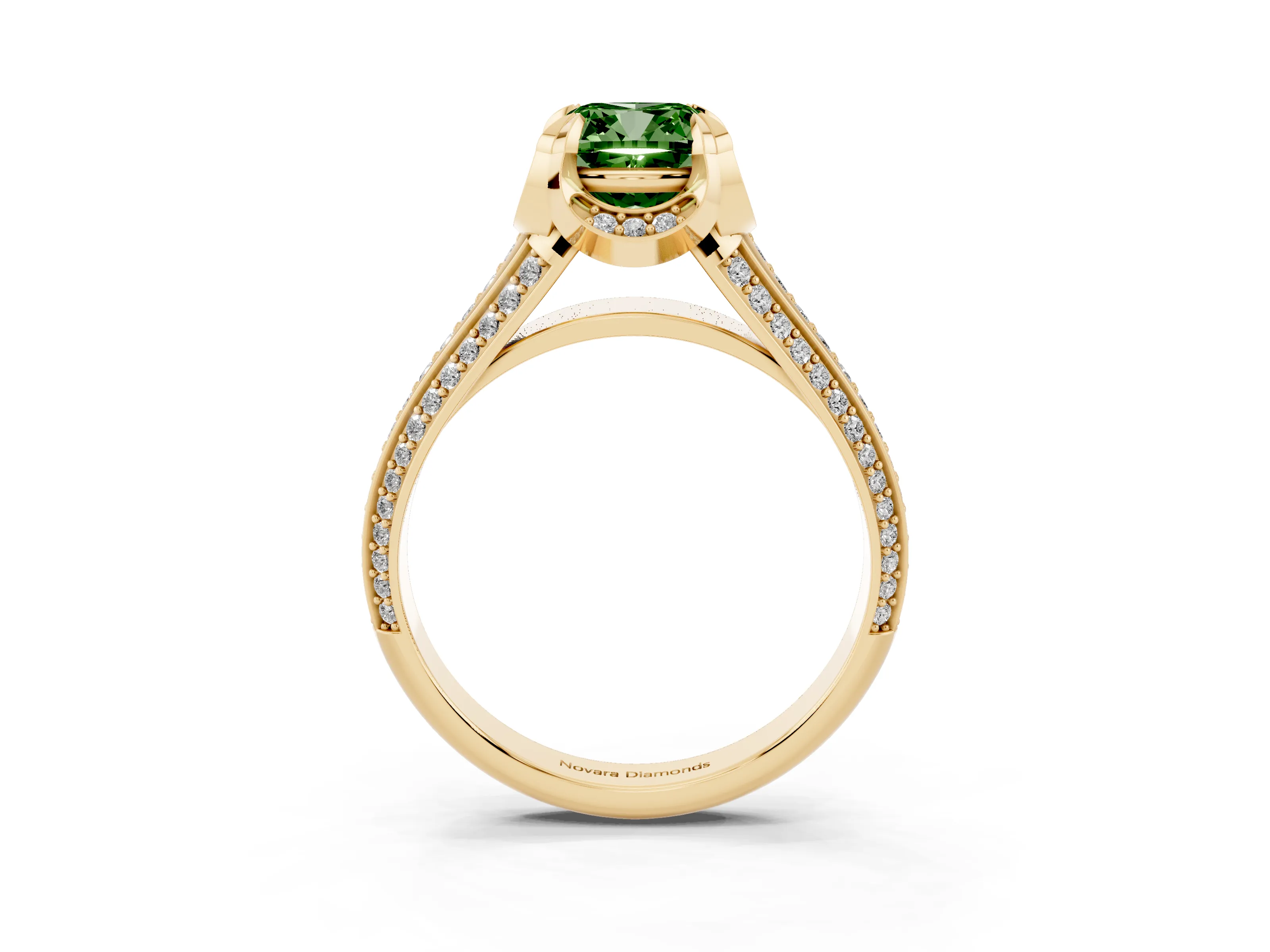 Fancy Green Cushion Cut Diamond Pavé Split Shank Solitaire Ring Set in Yellow gold with Prong Setting