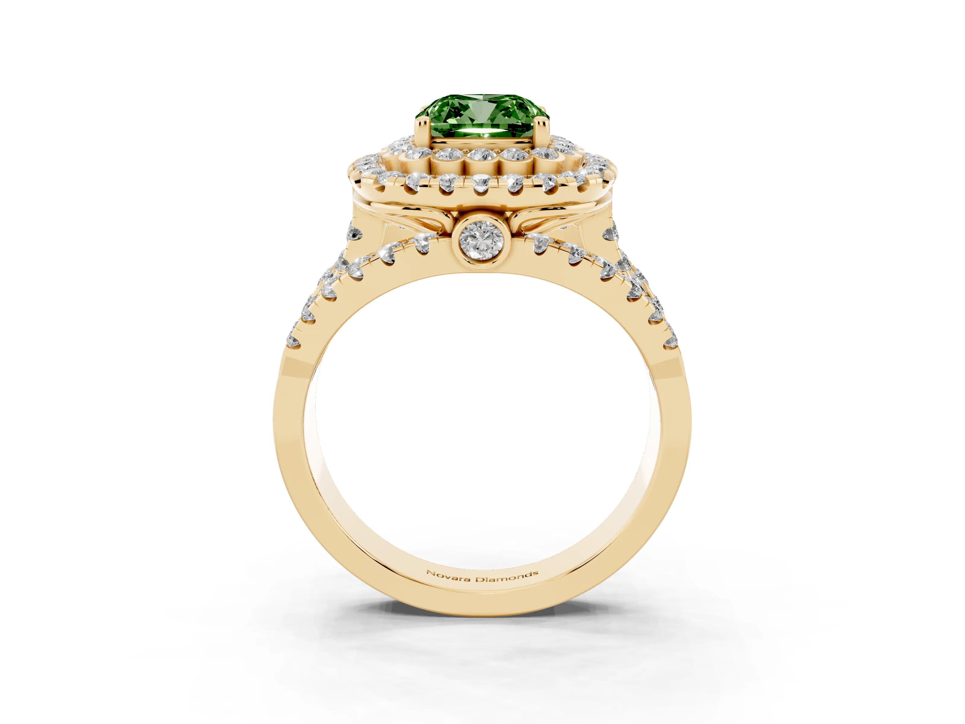 Fancy Green Cushion Cut Diamond Double Halo Ring Set in Yellow gold with Round Pavé Split Shank