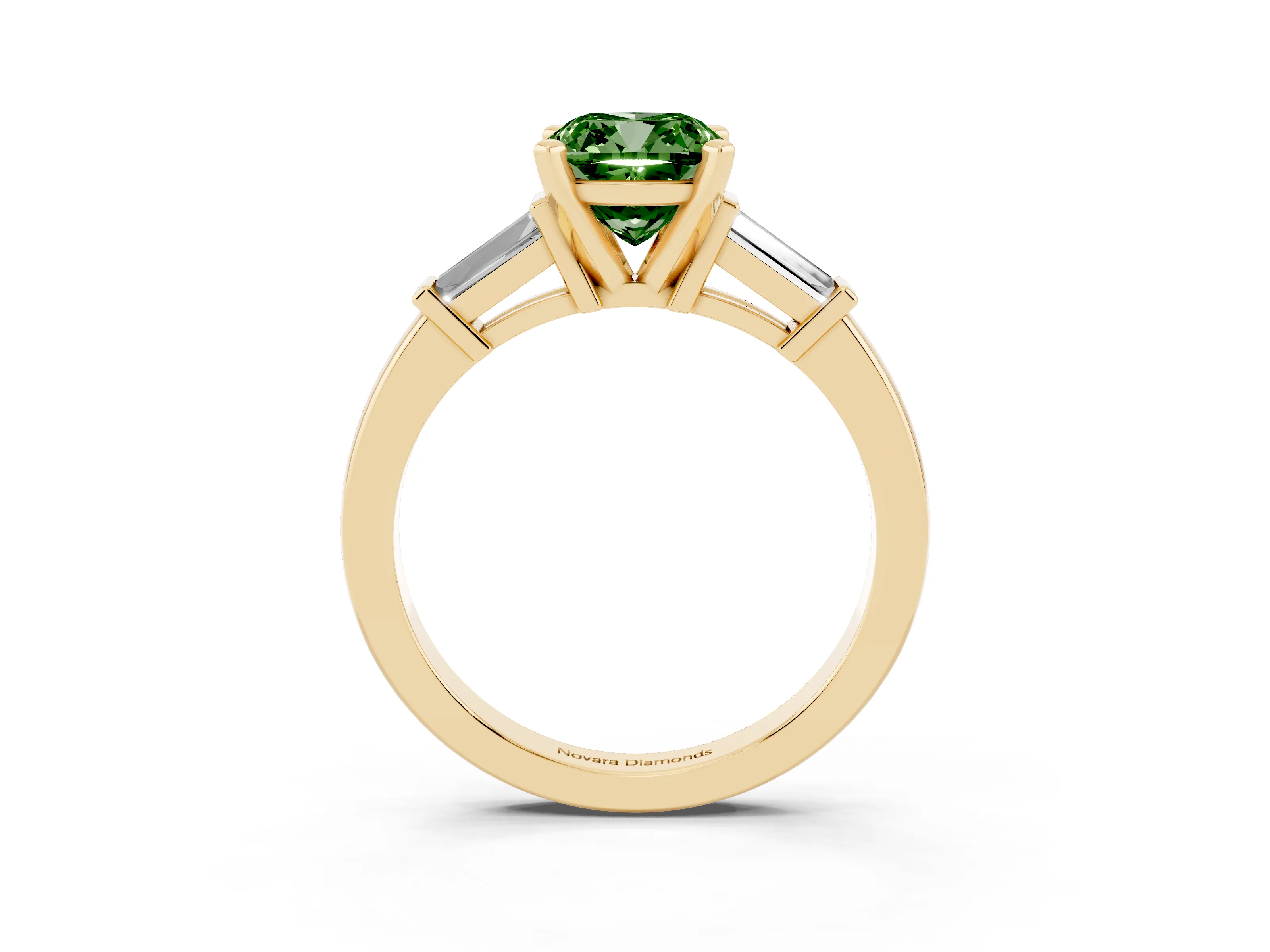 Fancy Green Cushion Cut Diamond Solitaire Ring Set in Yellow gold with Tapered Baguette Accents and Prong Setting