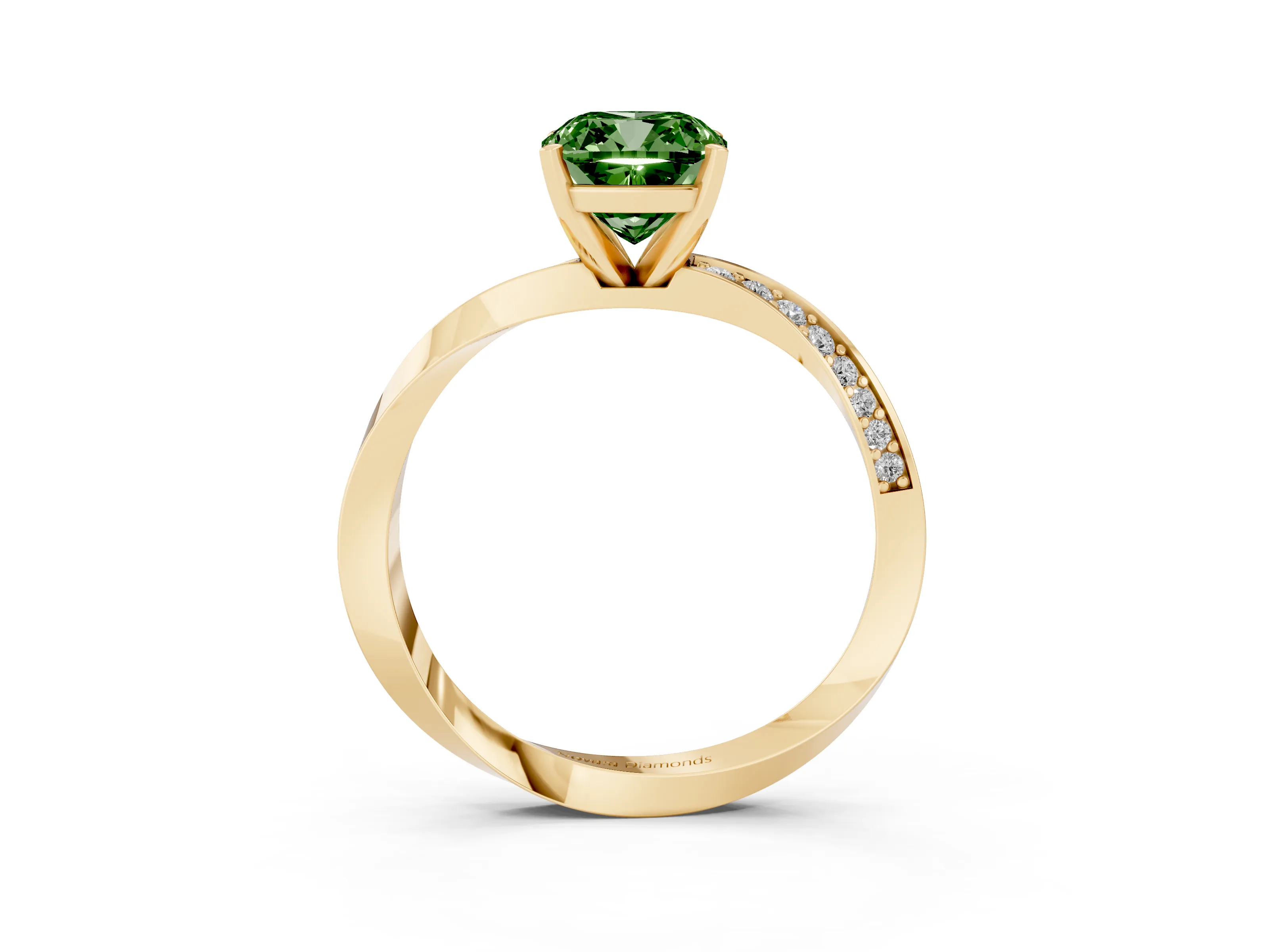 Fancy Green Cushion Cut Diamond Engagement Ring Set in Yellow gold with Side Stone Accents and Prong Setting