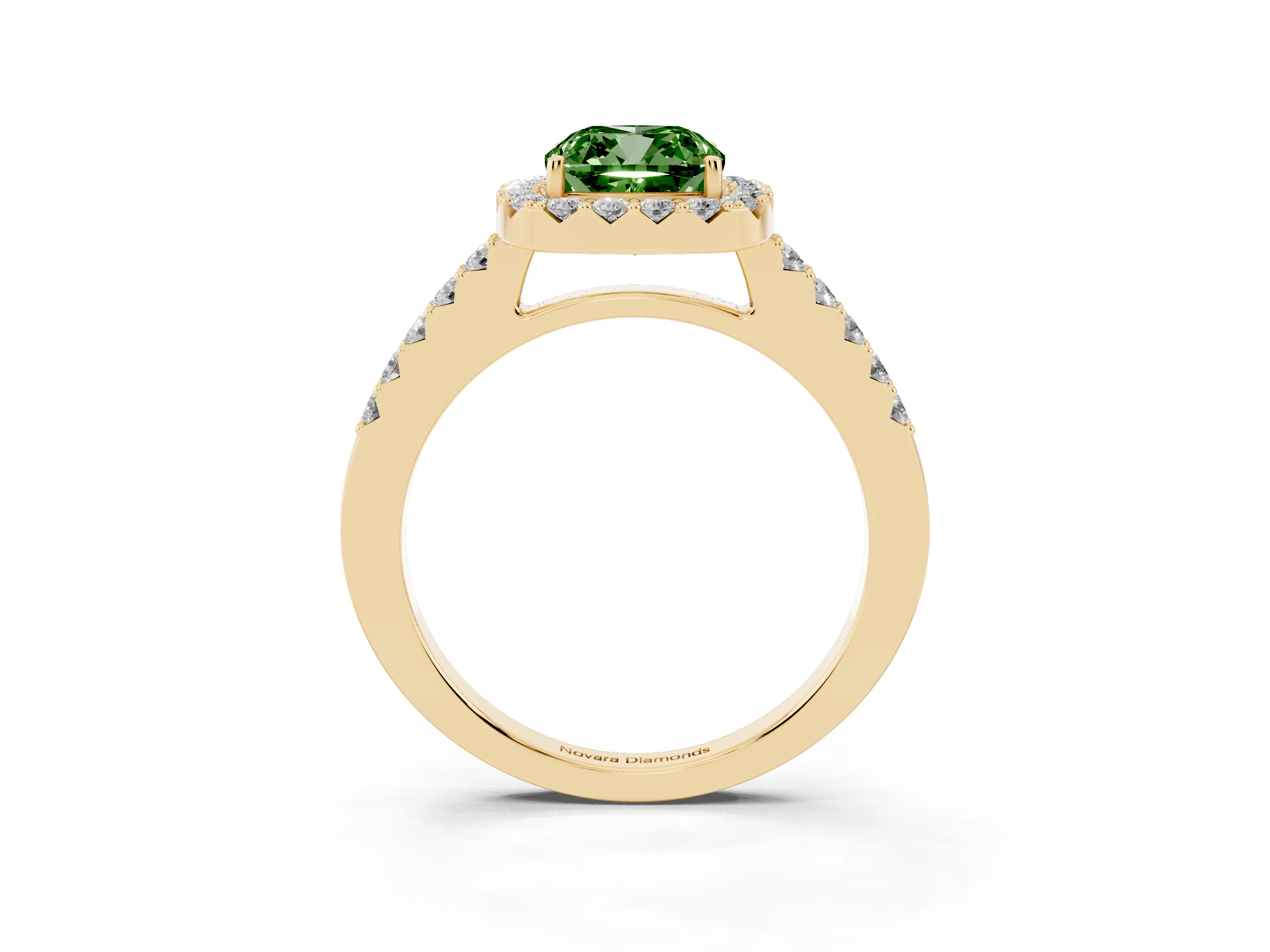 Fancy Green Cushion Cut Diamond Halo Pavé Solitaire Ring Set in Yellow gold with Prong-Set Center Stone