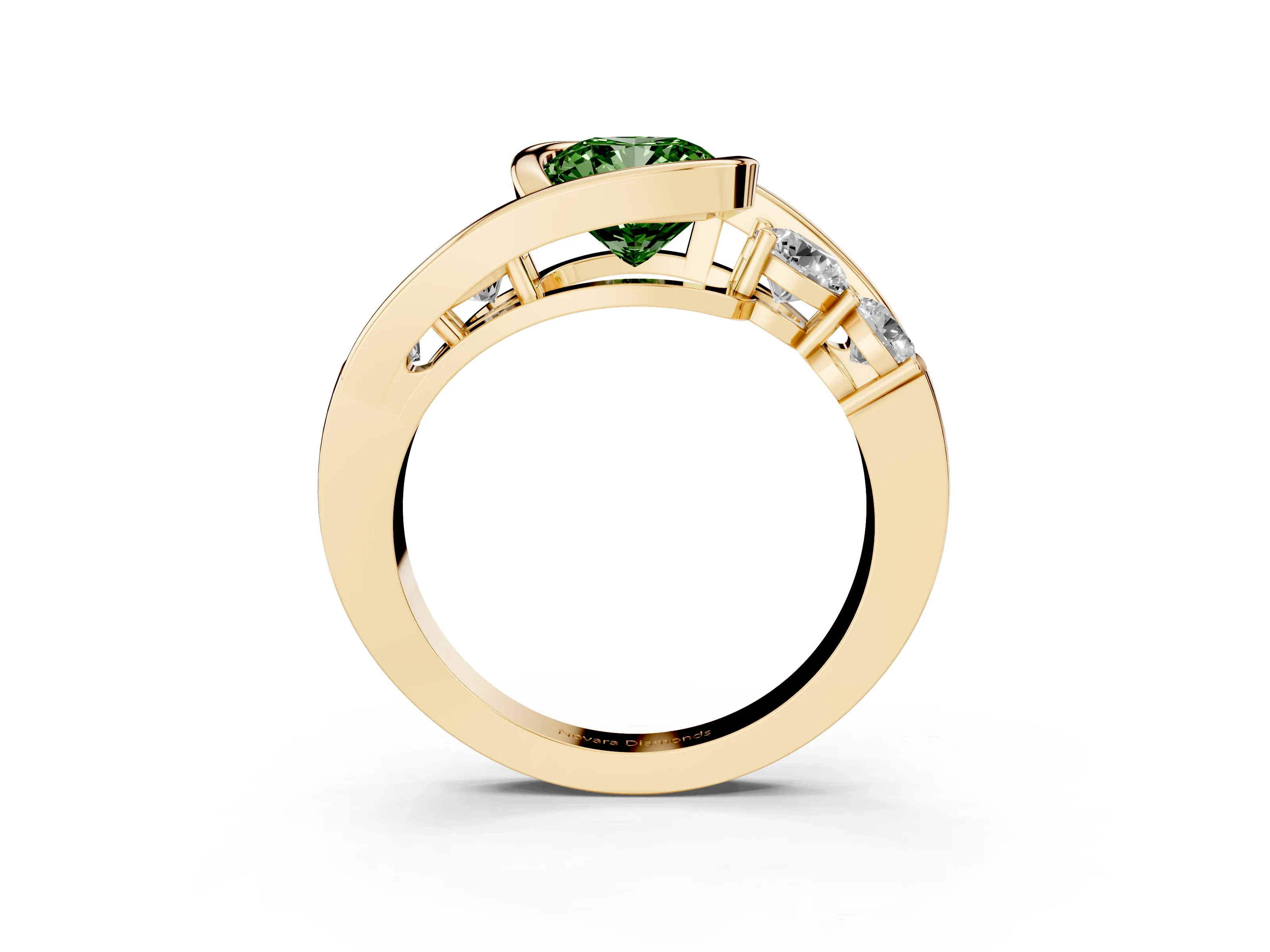 Fancy Green Cushion Cut Diamond Bezel Bypass Ring Set in Yellow gold with Round Accents