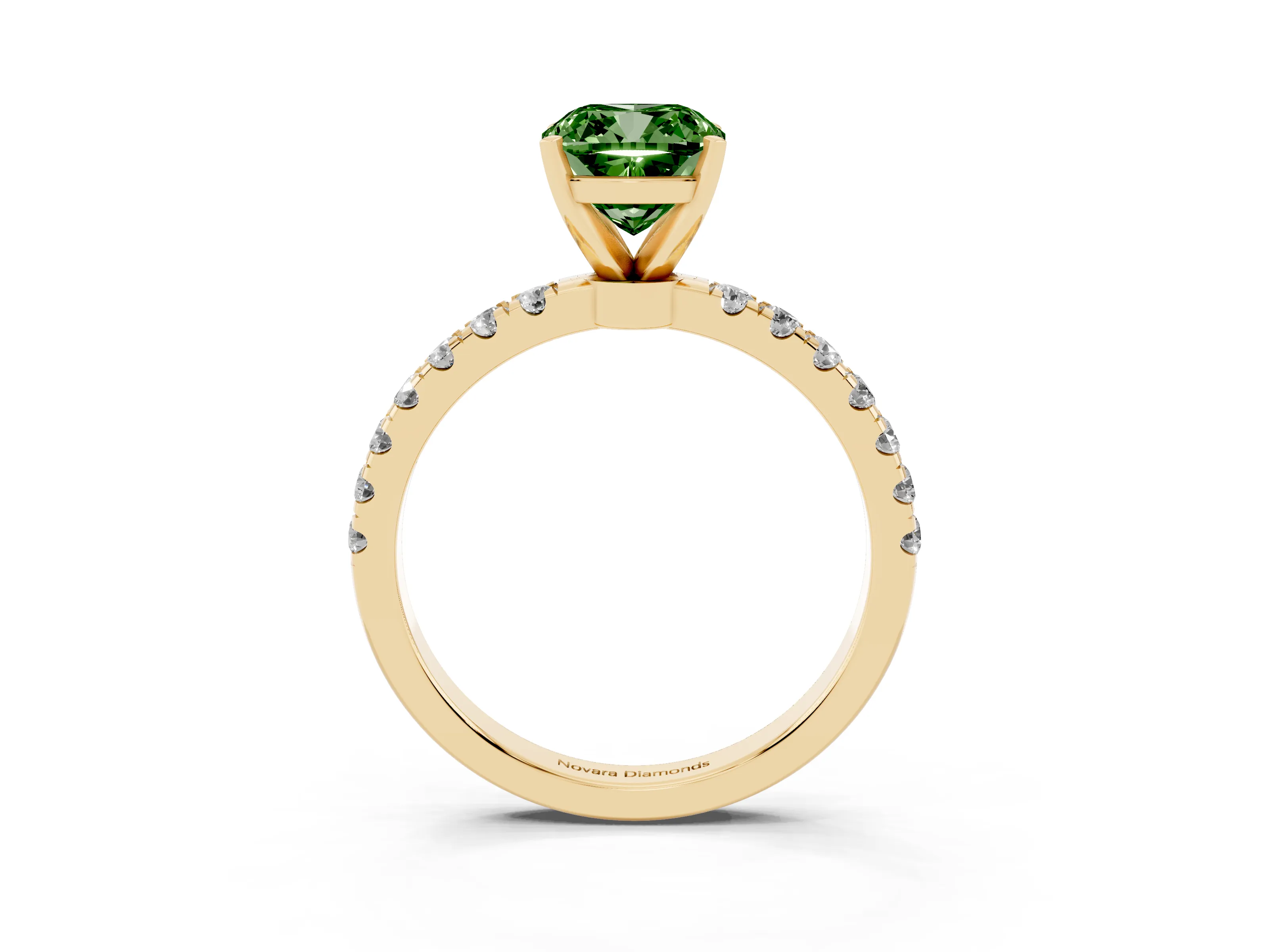 Fancy Green Cushion Cut Diamond Solitaire Ring Set in Yellow gold with Pavé Accents and Prong Setting