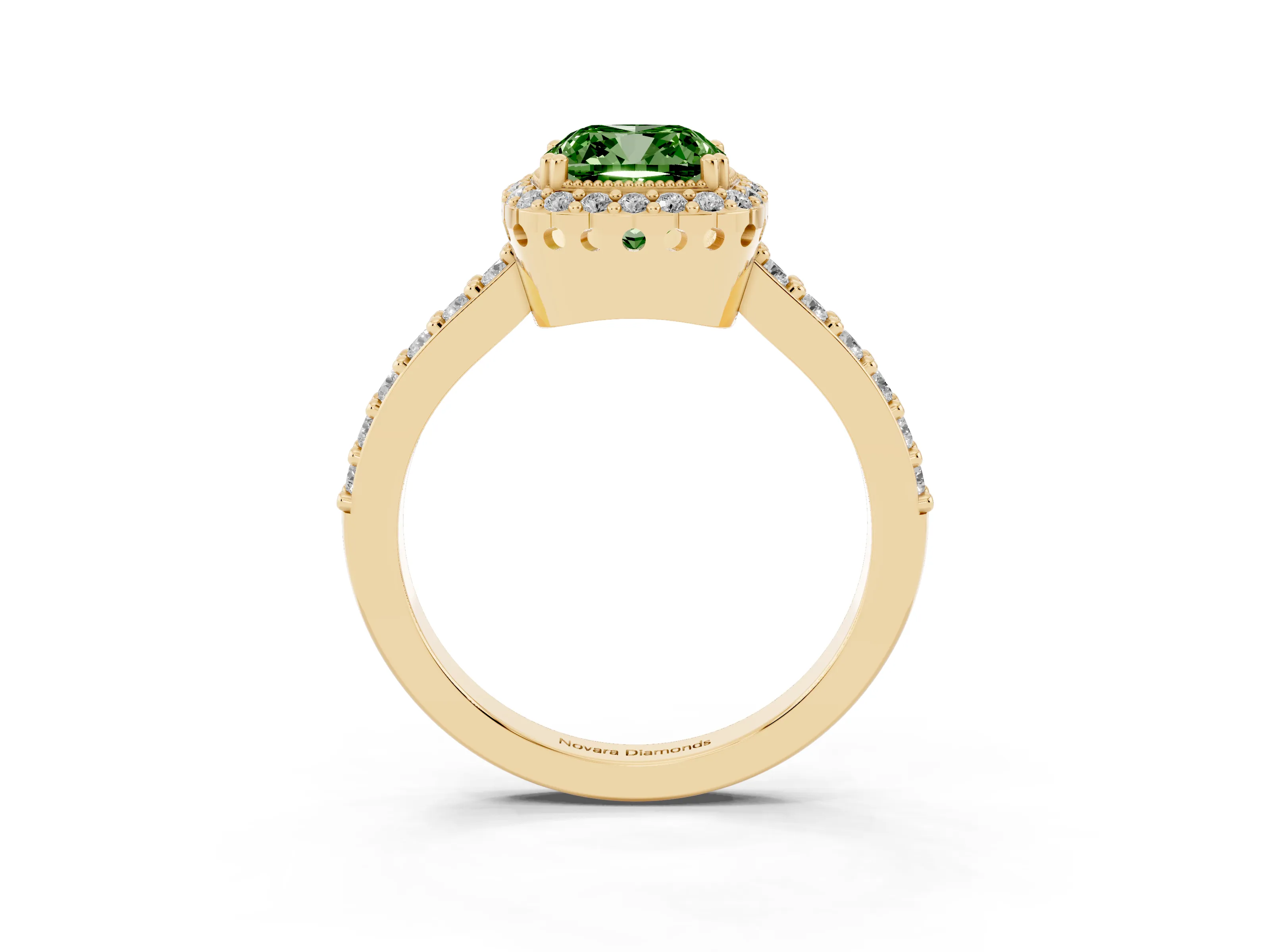 Fancy Green Cushion Cut Diamond Halo Engagement Ring Set in Yellow gold with Milgrain Detail and Pavé Band