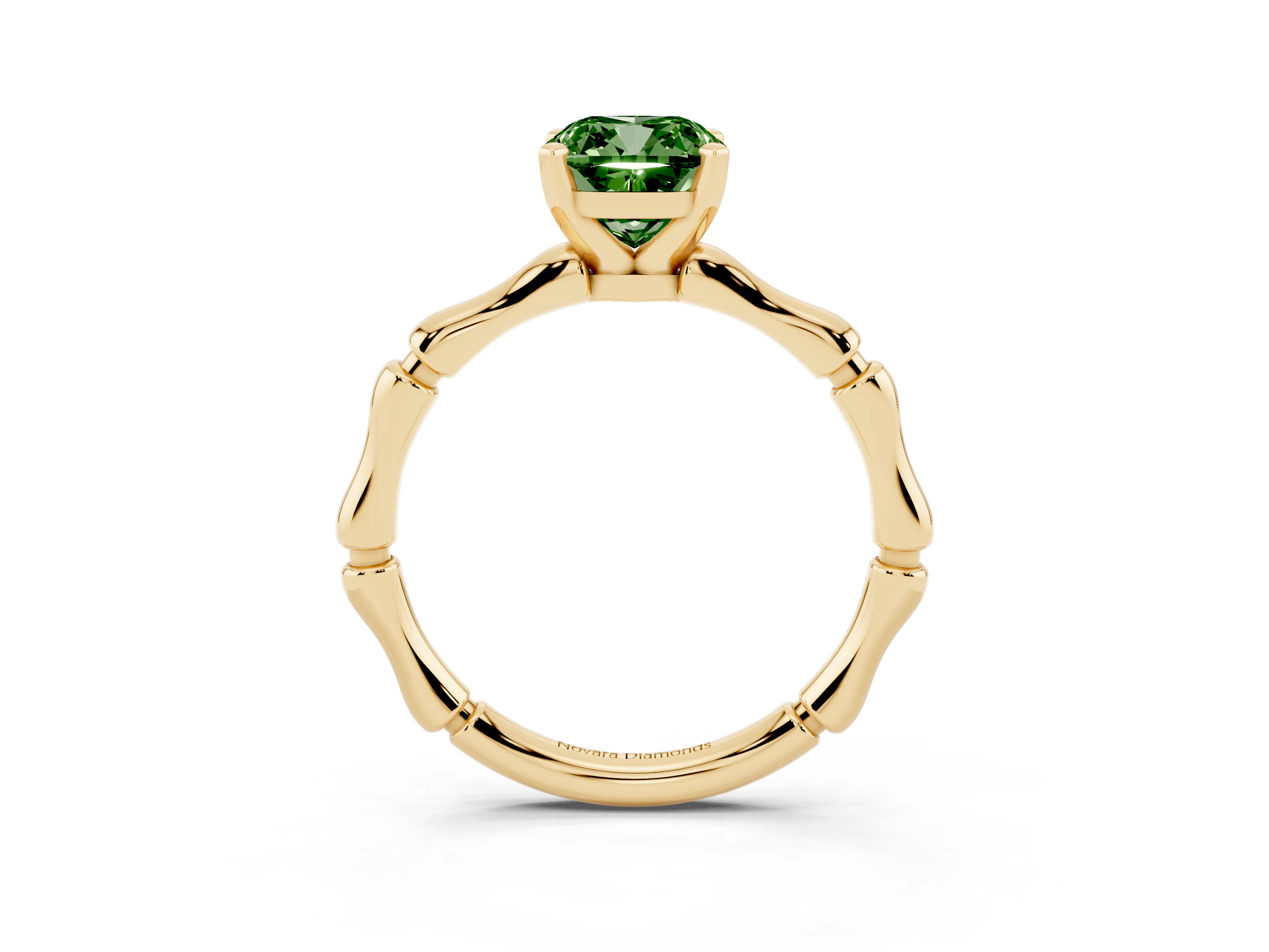 Fancy Green Cushion Cut Diamond Solitaire Ring Set in Yellow gold with Bamboo Band and Prong Setting