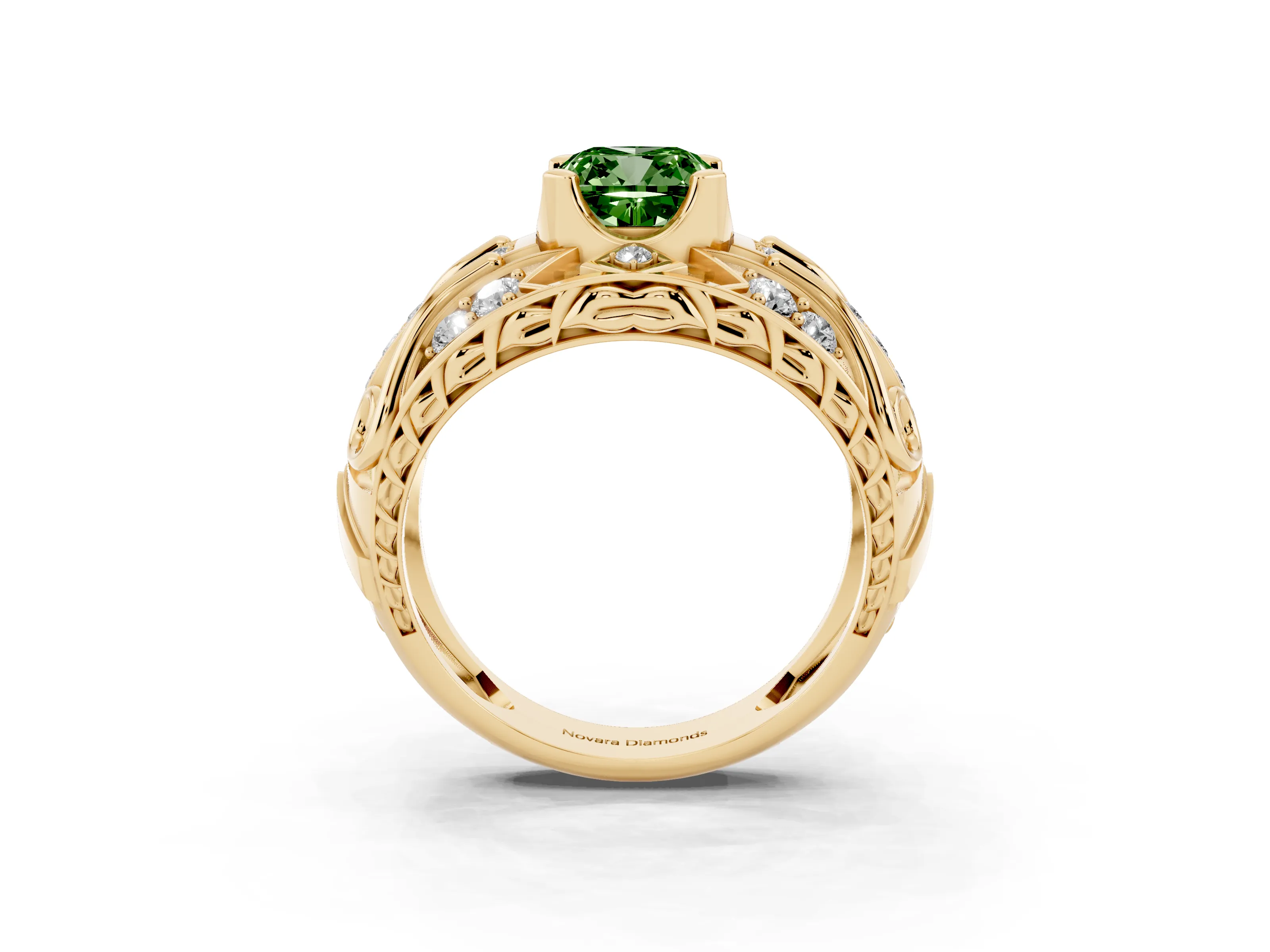 Fancy Green Cushion Cut Diamond Art Deco Ring Set in Yellow gold with Pavé Split Shank