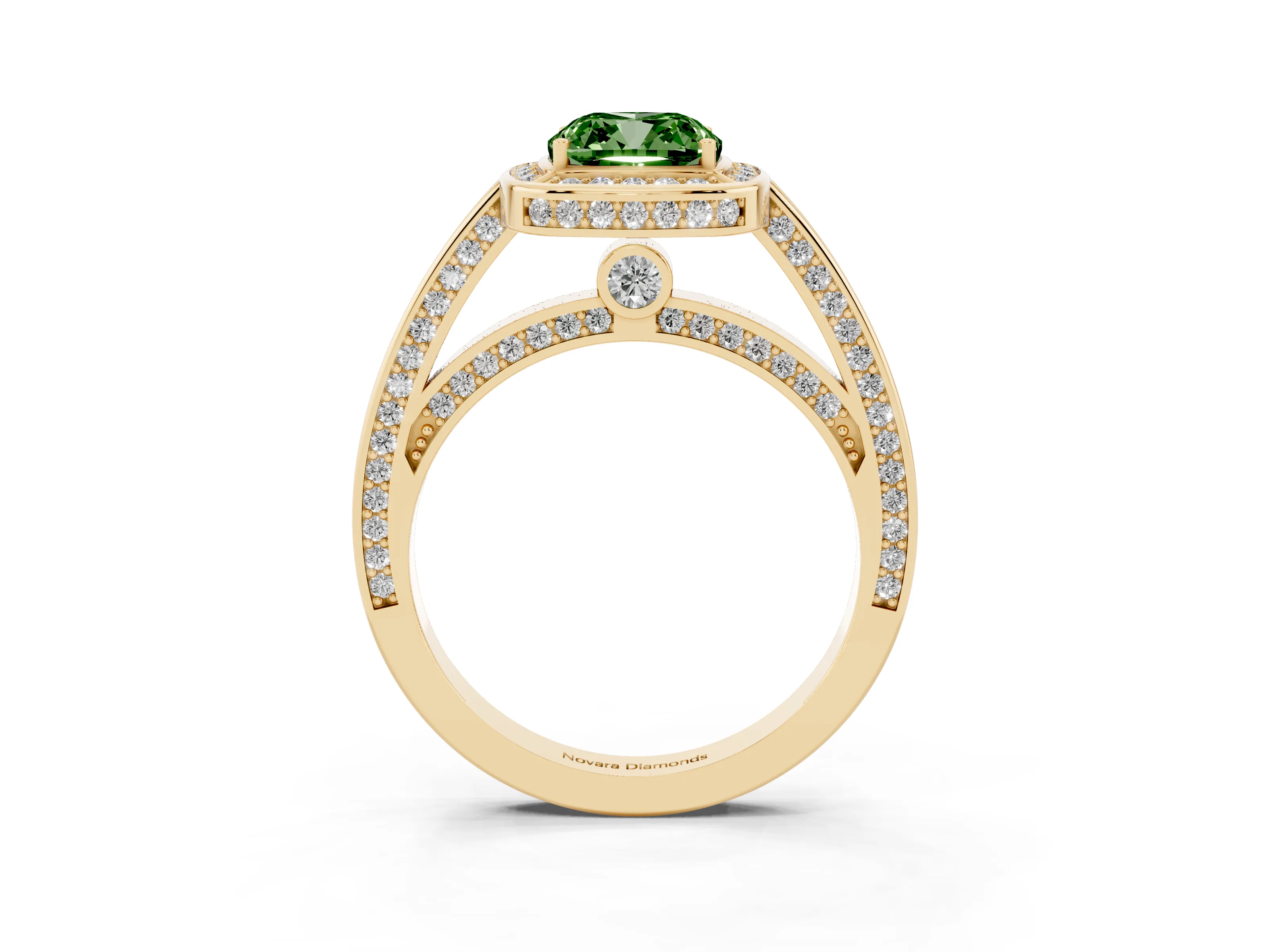Fancy Green Cushion Cut Diamond Halo Pavé Split Shank Ring Set in Yellow gold with Prong Setting