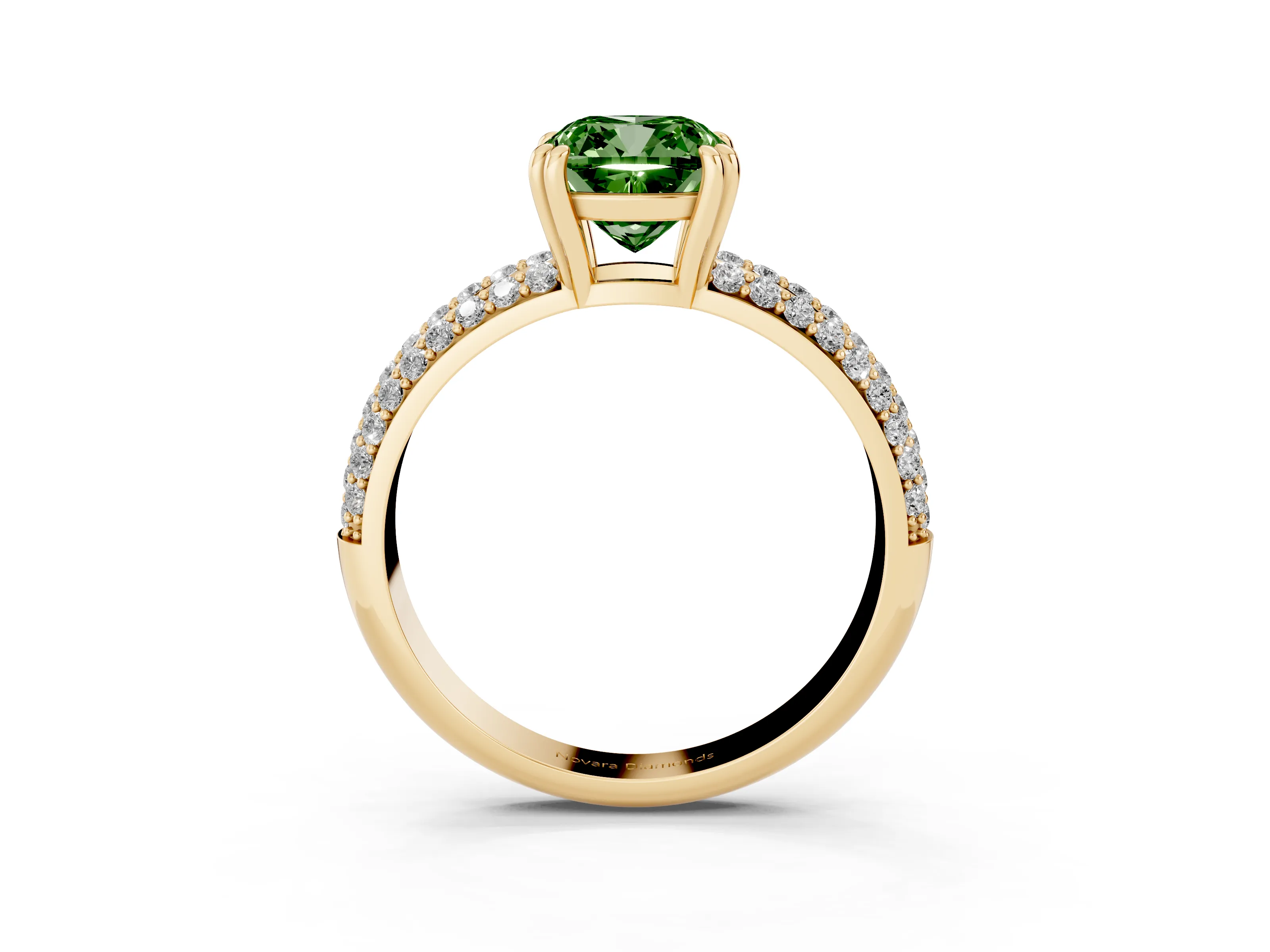 Fancy Green Cushion Cut Diamond Solitaire Ring Set in Yellow gold with Multi-Row Round Pavé Band and Prong Setting
