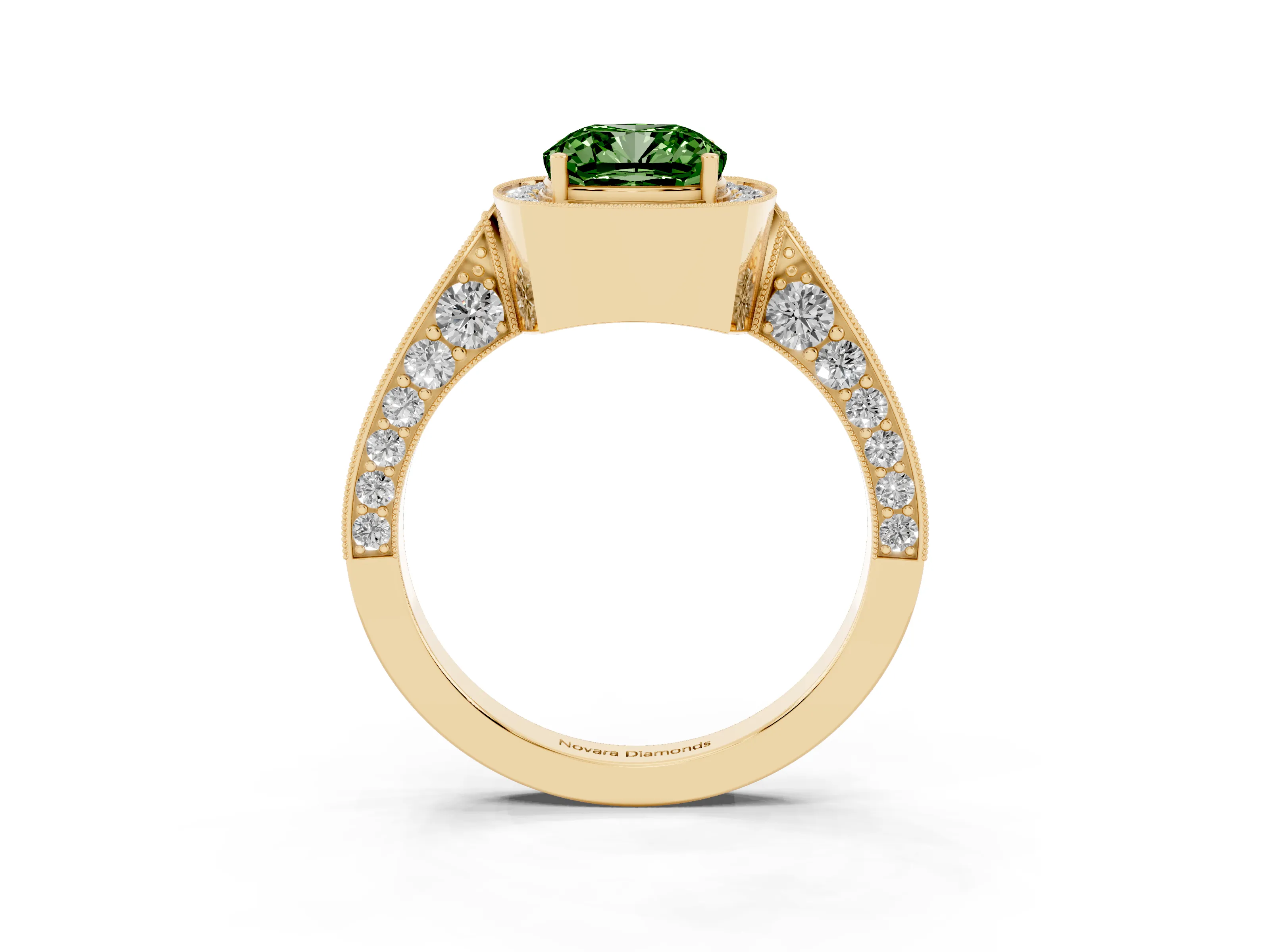 Fancy Green Cushion Cut Diamond Halo Engagement Ring Set in Yellow gold with Accent Split Shank Band