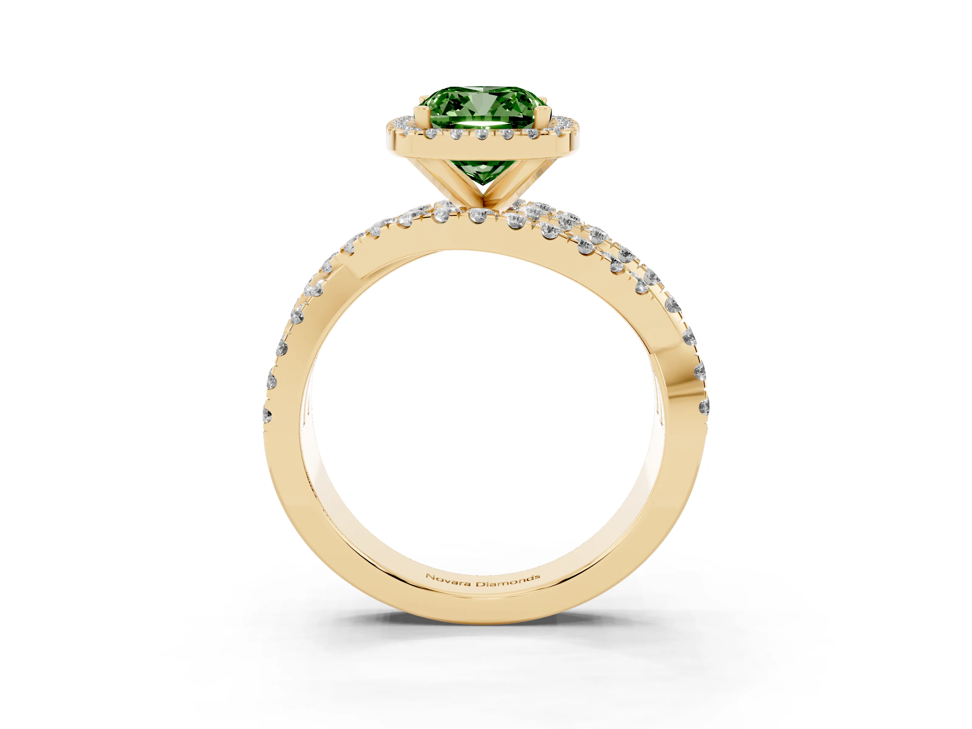 Fancy Green Cushion Cut Diamond Halo Ring Set in Yellow gold with Round Crossover Split Shank and Prong Setting
