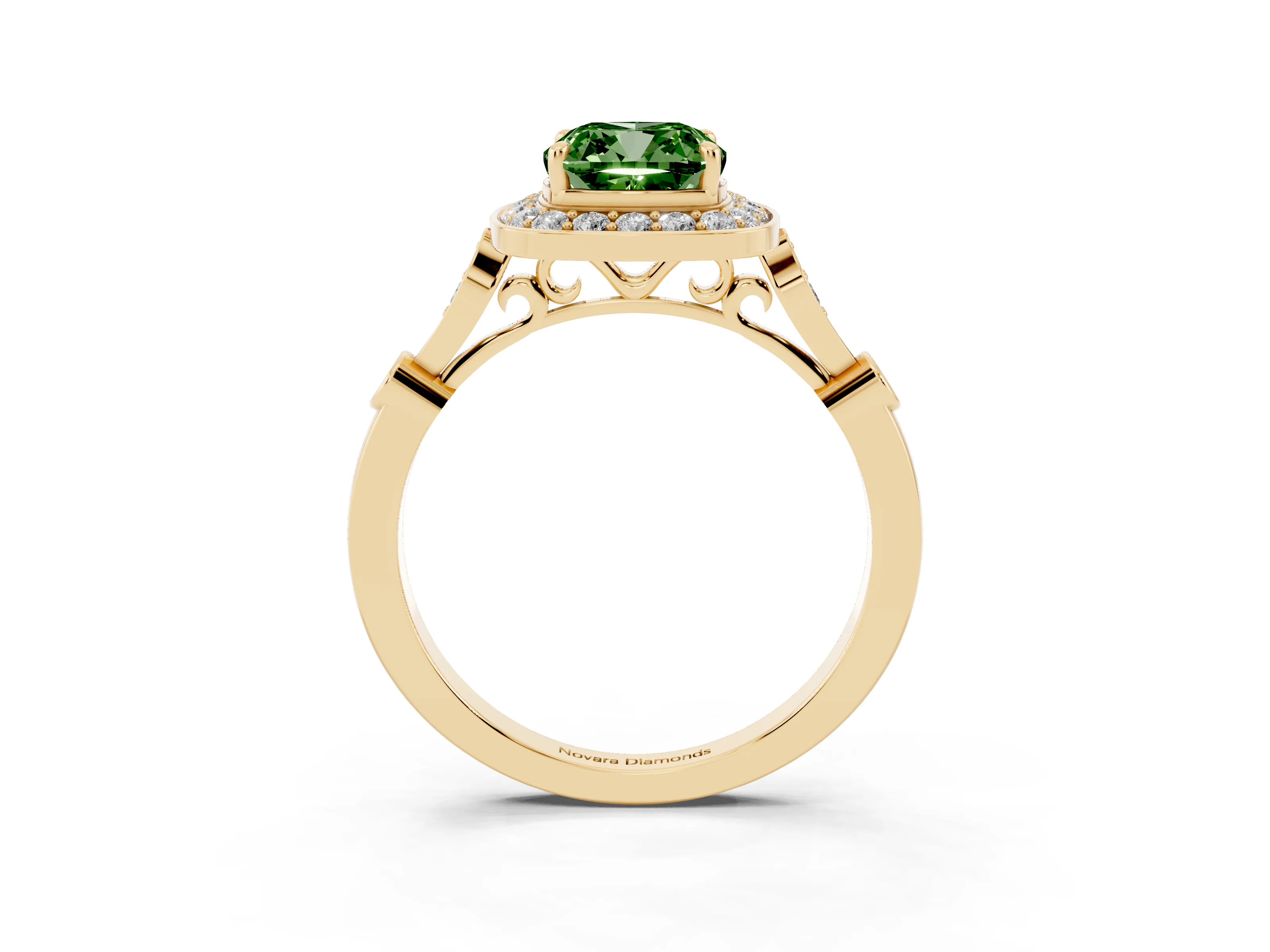 Fancy Green Cushion Cut Diamond Halo Engagement Ring Set in Yellow gold with Twisted Band and Prong Setting