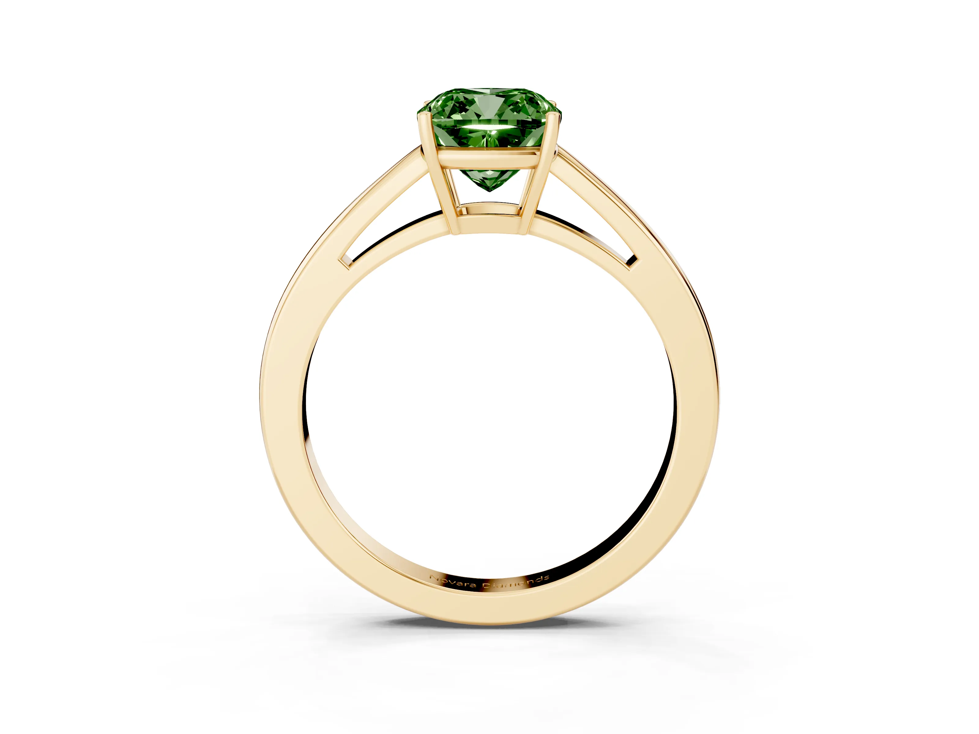 Fancy Green Cushion Cut Diamond Solitaire Ring Set in Yellow gold with Split Shank and Prong Setting