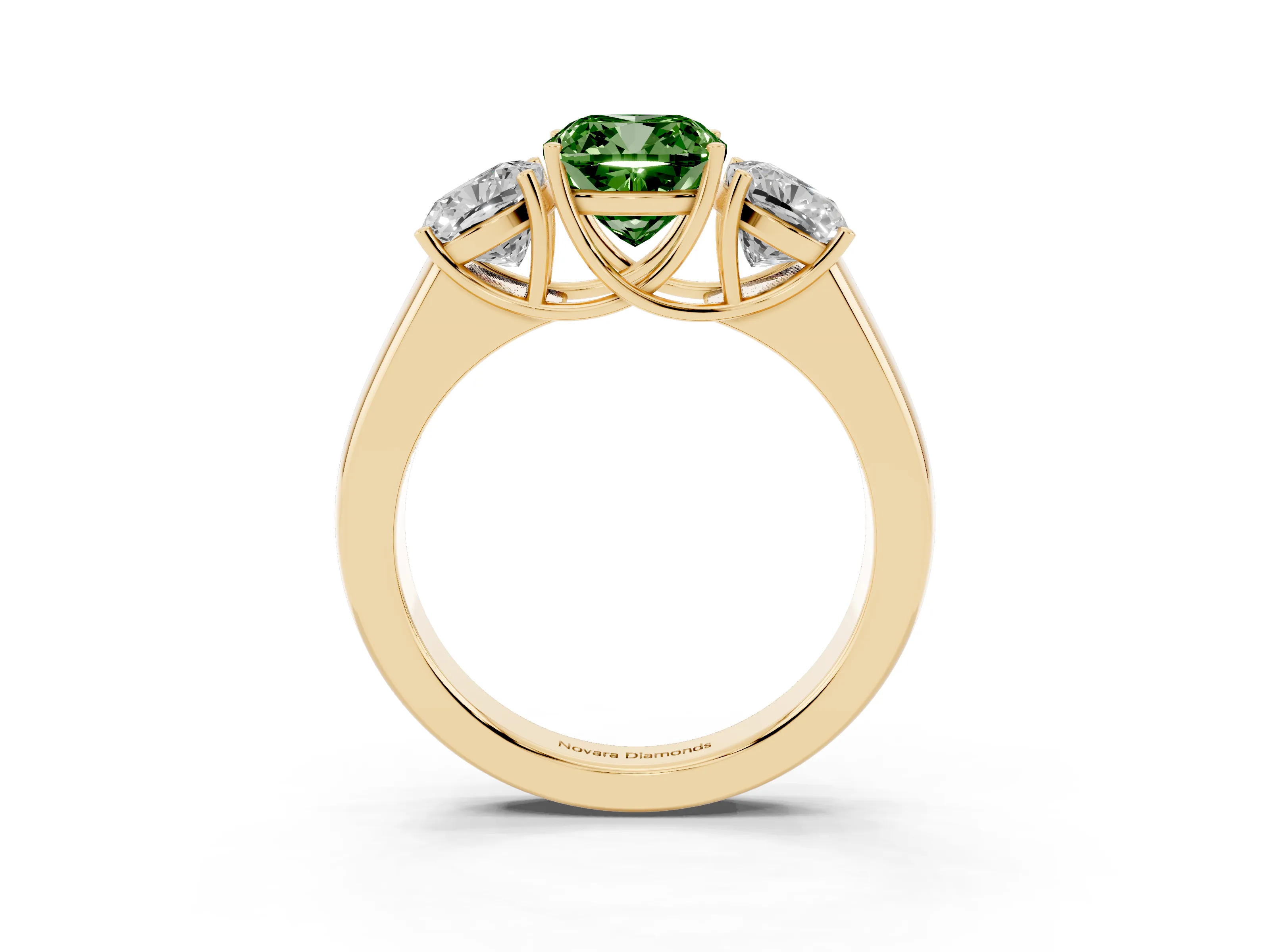 Fancy Green Three-Stone Cushion Cut Diamond Ring Set in Yellow gold with Matching Prong Settings and Plain Band