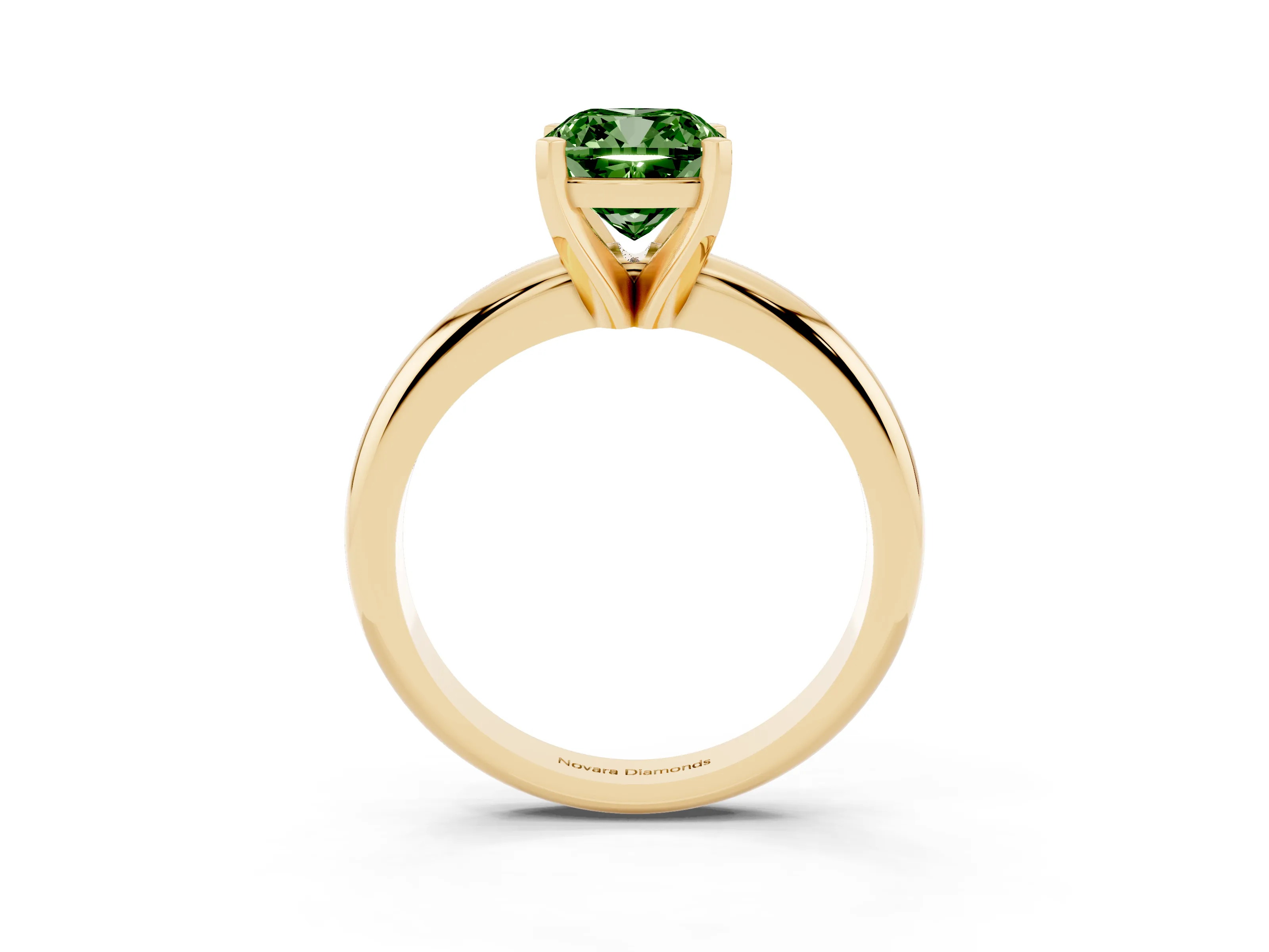 Fancy Green Cushion Cut Diamond Solitaire Engagement Ring Set in Yellow gold with Round Band and Prong Setting