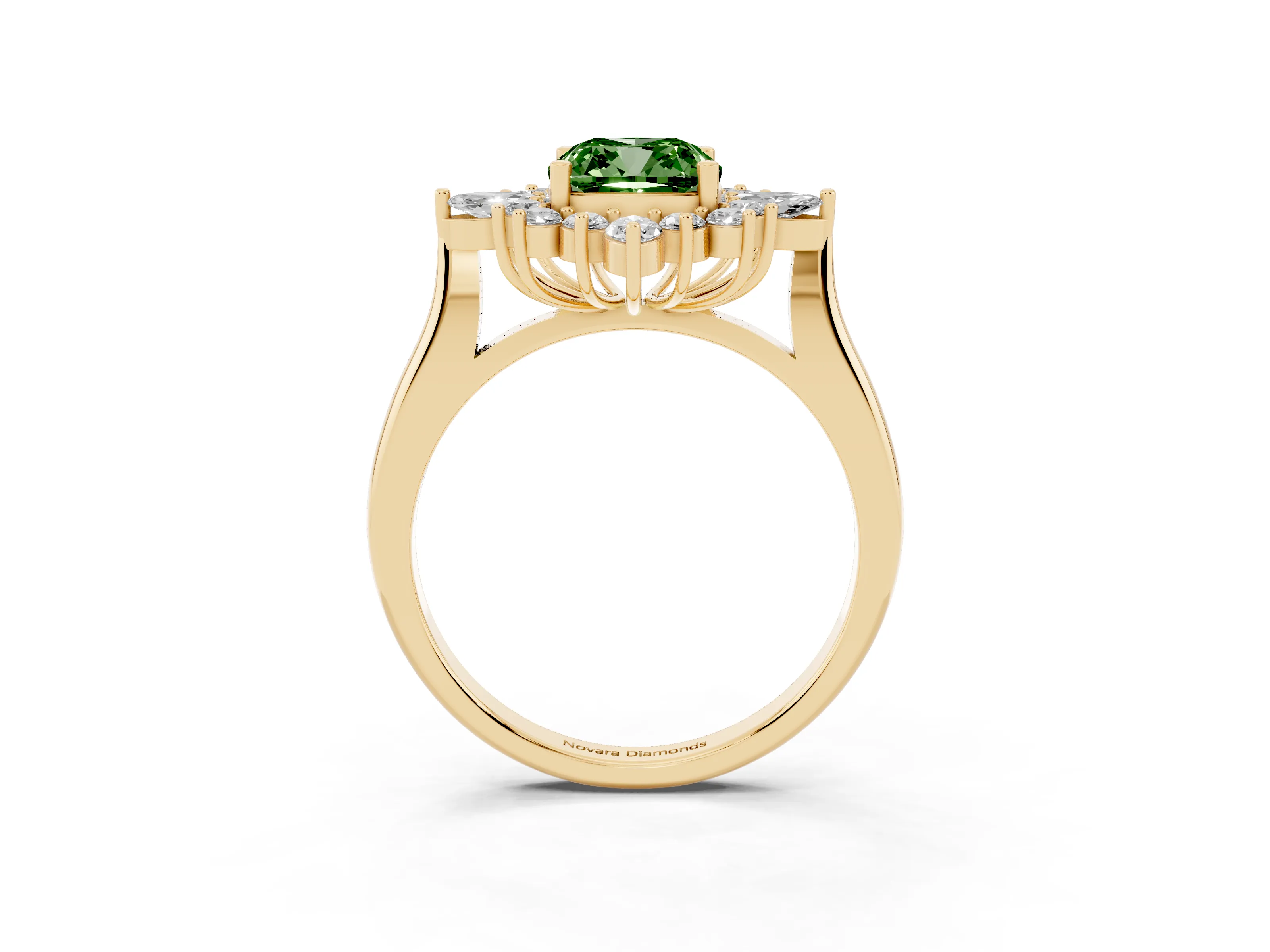 Fancy Green Cushion Cut Diamond Cluster Halo Ring Set in Yellow gold with Marquise and Round Accents