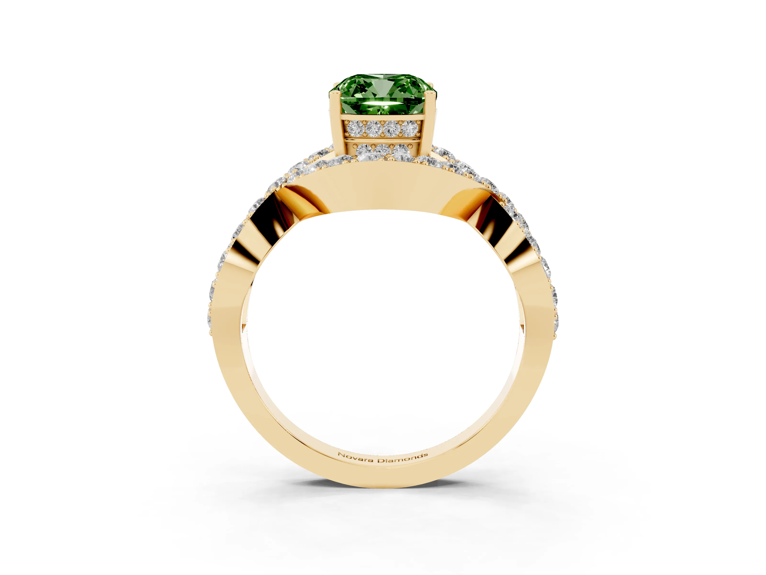 Fancy Green Cushion Cut Diamond Solitaire Twist Band Pavé Engagement Ring Set in Yellow gold