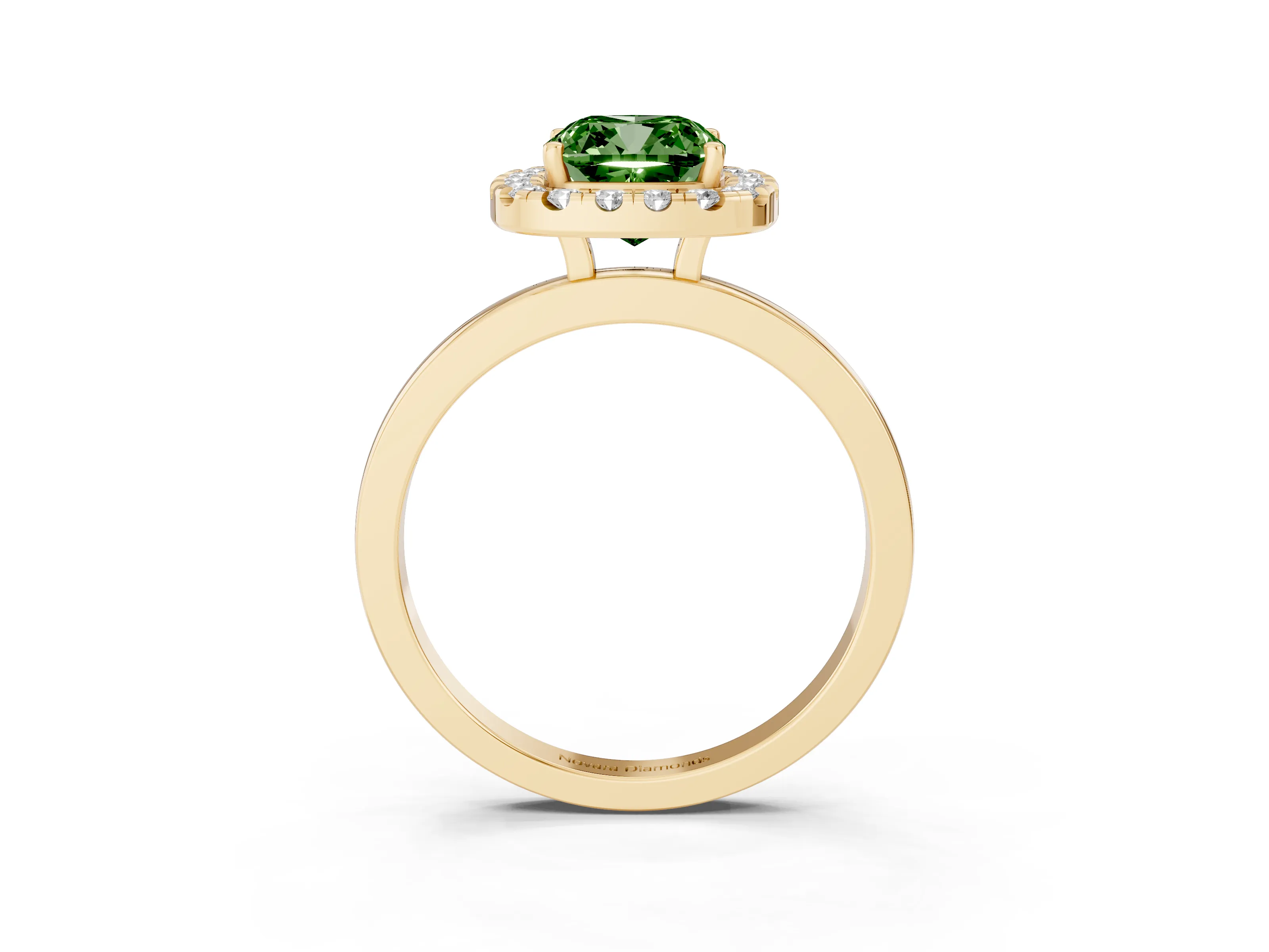 Fancy Green Cushion Cut Diamond Halo Solitaire Ring Set in Yellow gold with Pavé Band and Prong Setting