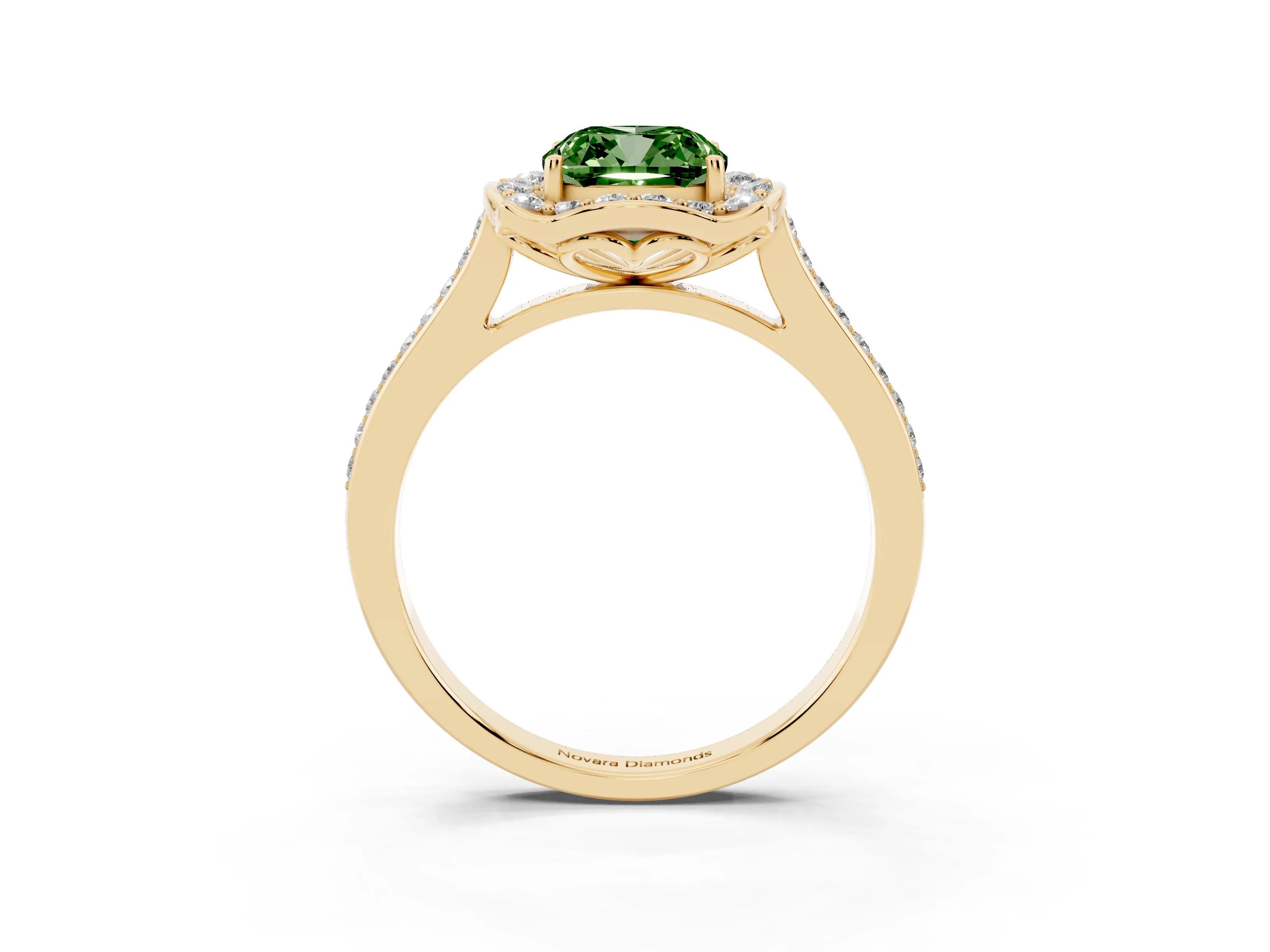 Fancy Green Cushion Cut Diamond Halo Ring Set in Yellow gold with Pavé-Lined Shoulders and Prong Setting