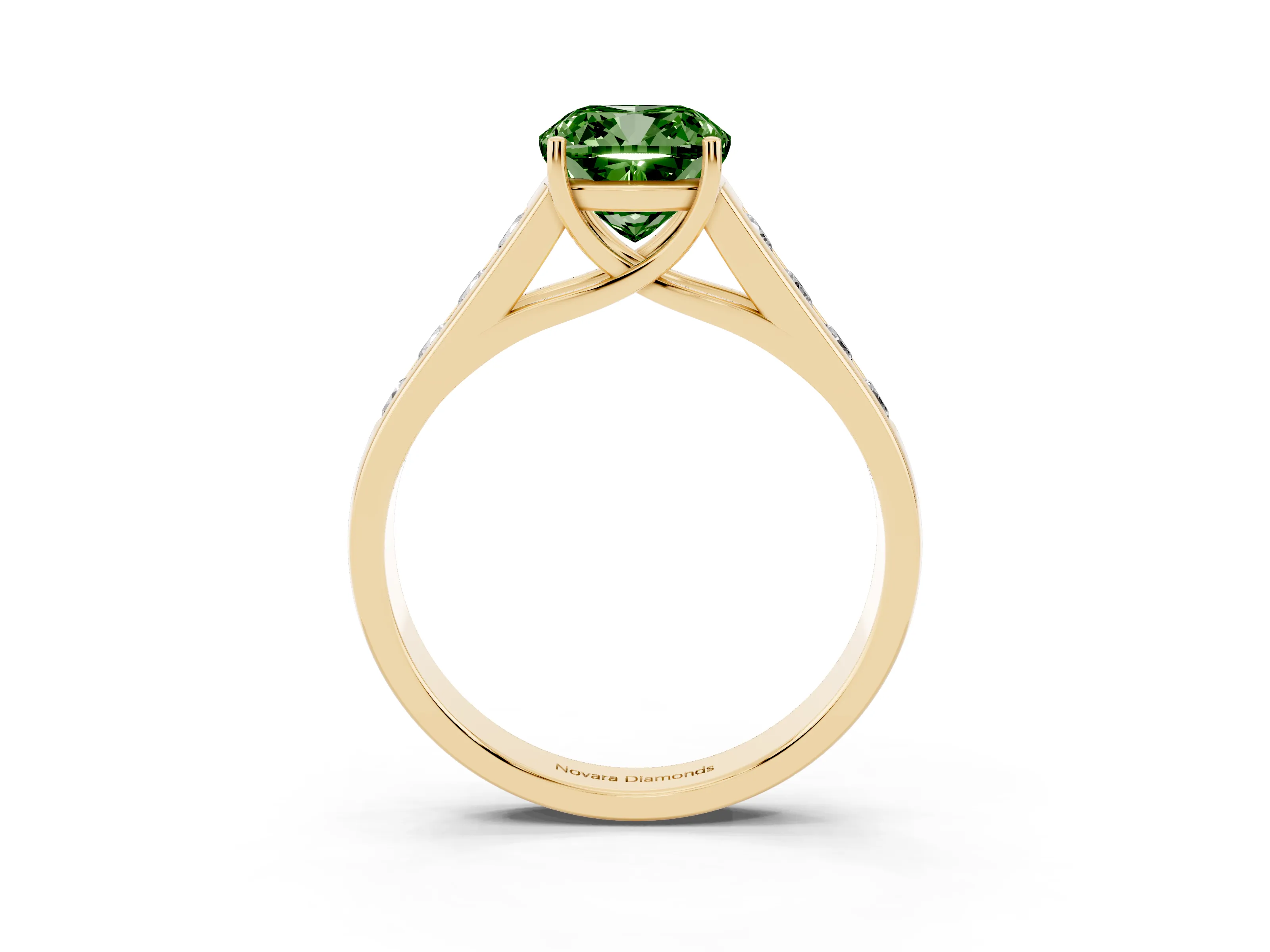 Fancy Green Cushion Cut Diamond Brilliant Channel-Set Solitaire Ring Set in Yellow gold with Prong Setting