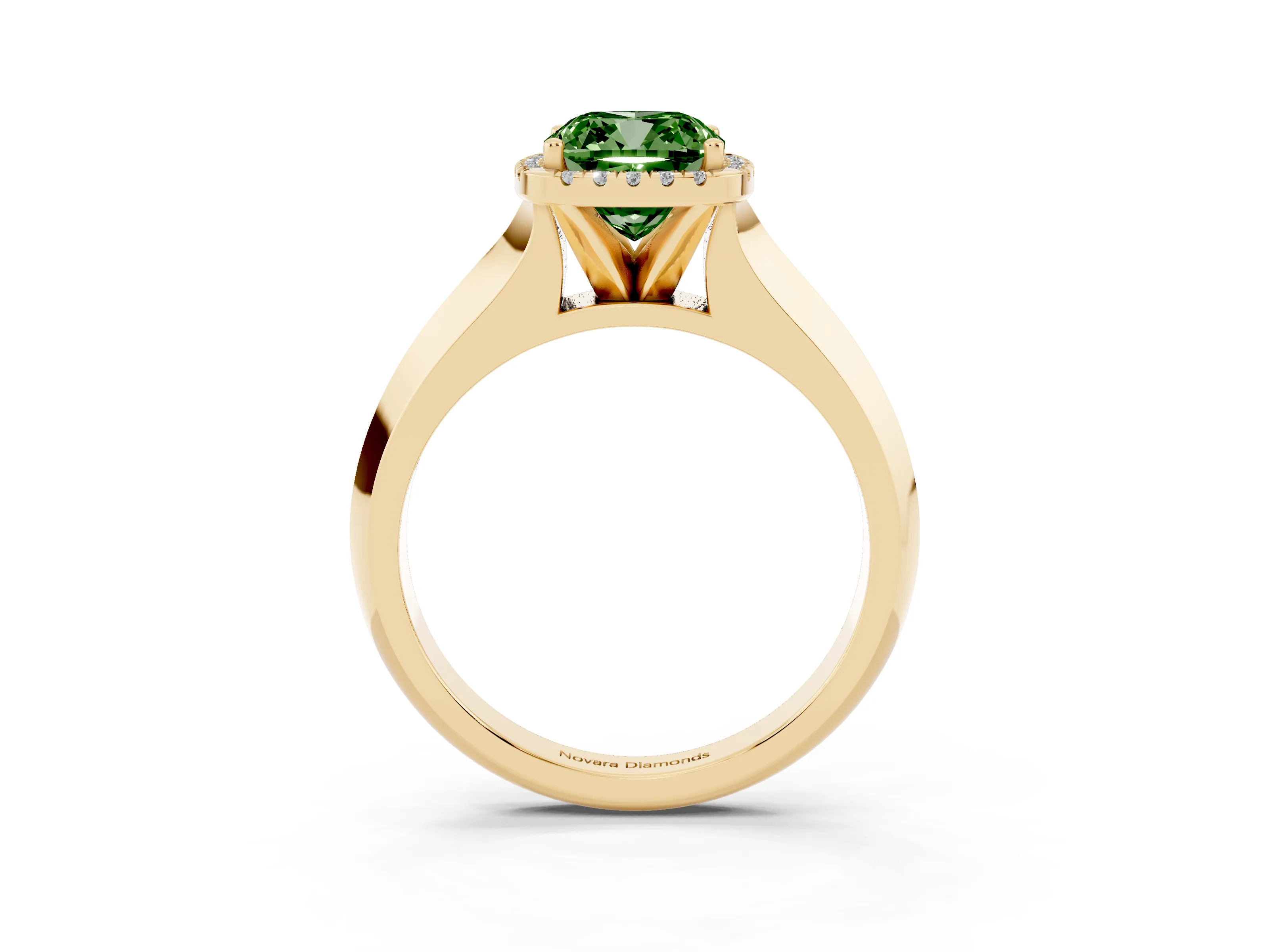 Fancy Green Cushion Cut Diamond Halo Ring Set in Yellow gold with Cathedral Band and Prong Setting