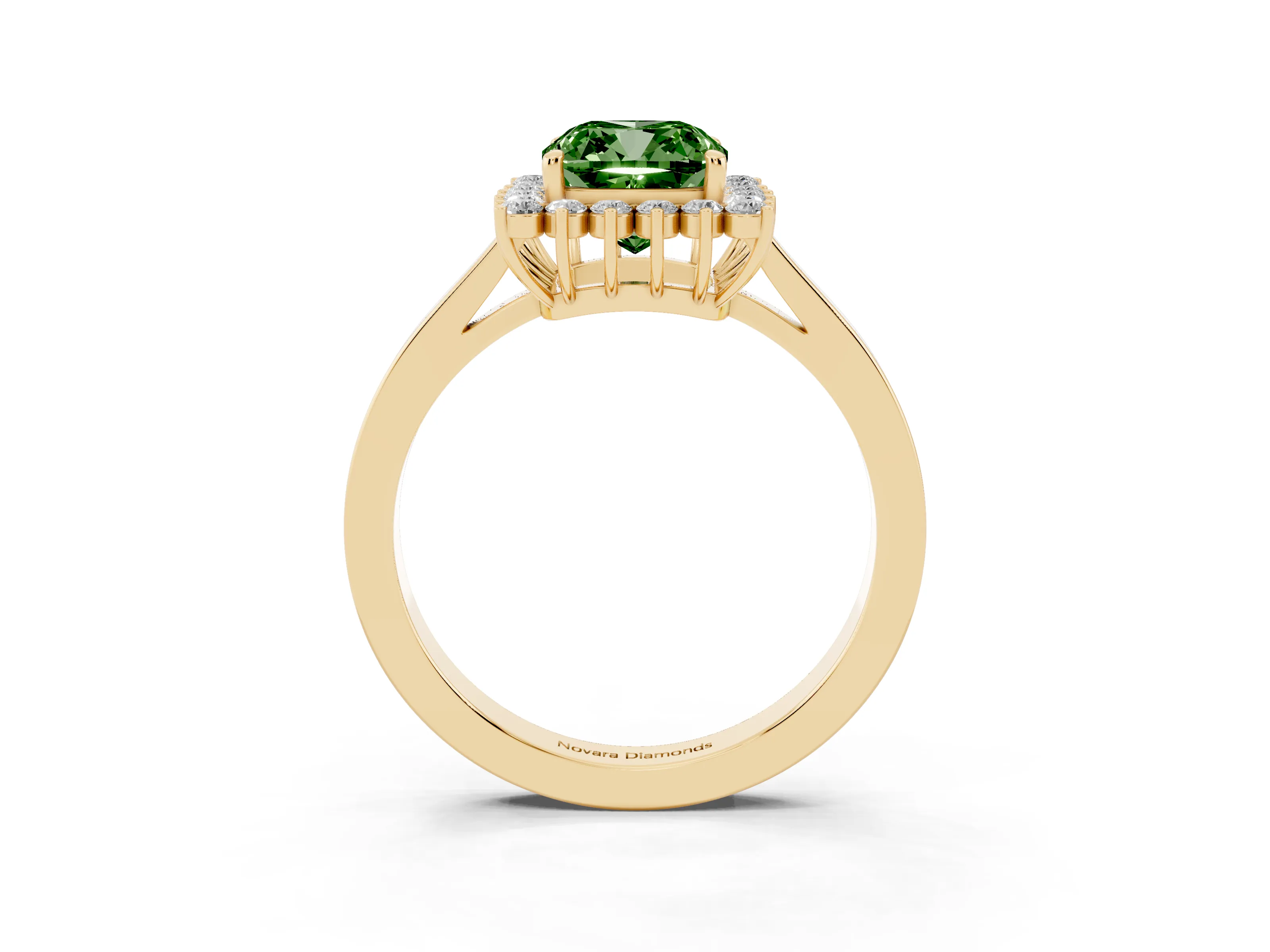 Fancy Green Cushion Cut Diamond Halo Ring Set in Yellow gold with Round Halo and Smooth Solitaire Band