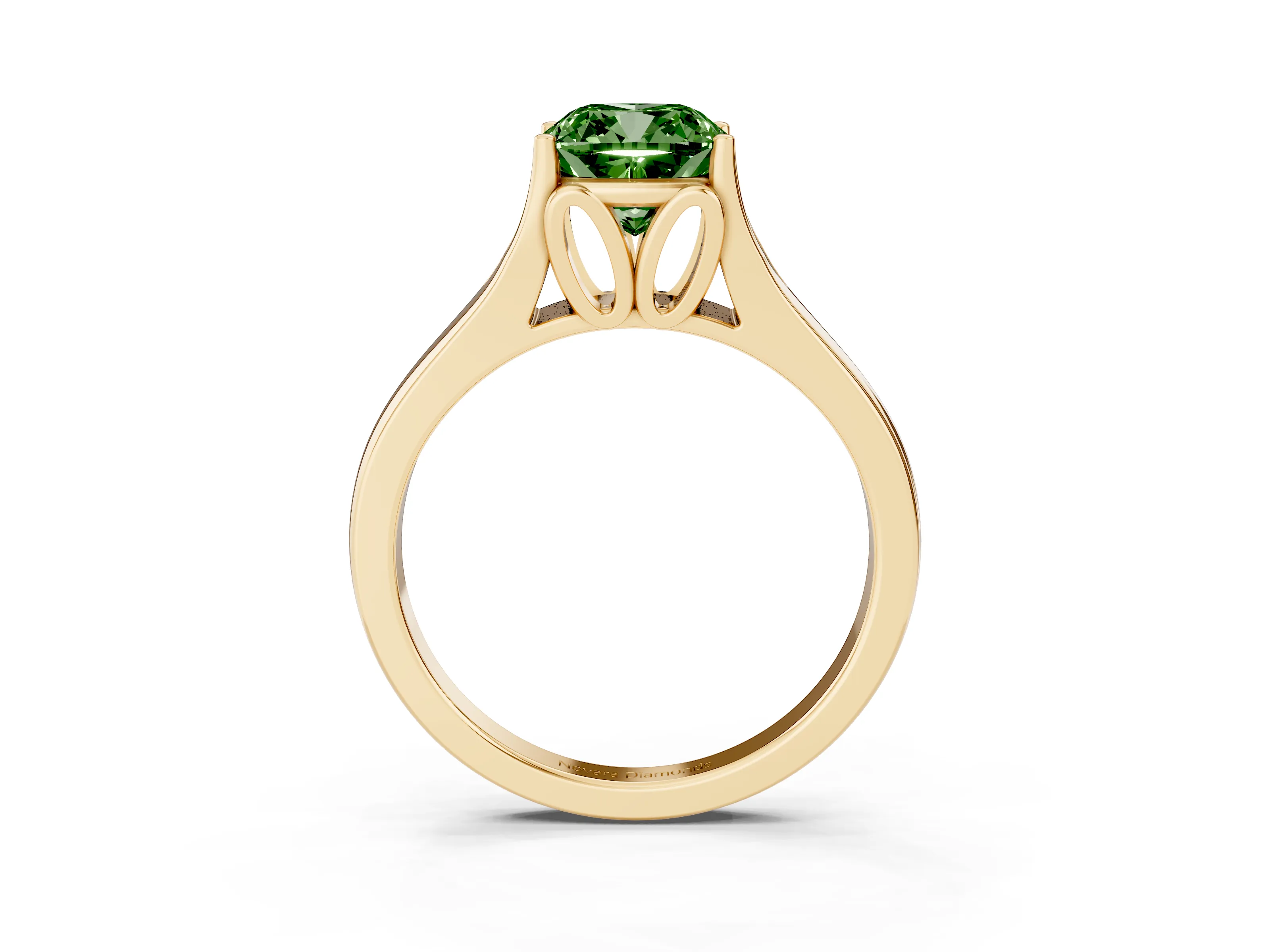 Fancy Green Cushion Cut Diamond Solitaire Ring Set in Yellow gold with Arched Cathedral Band and Prong Setting