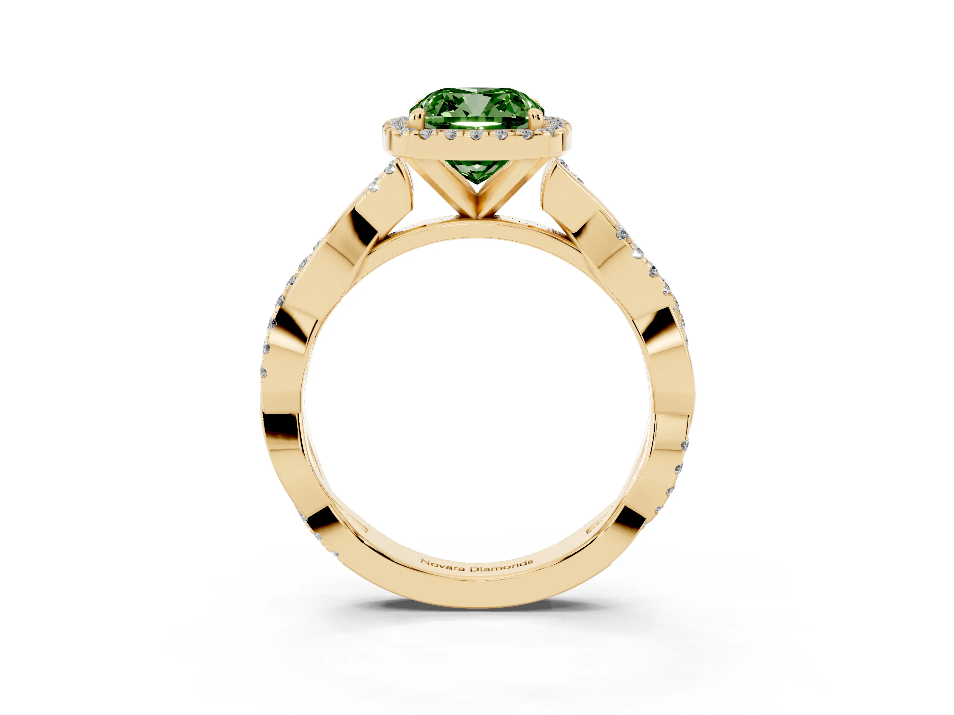 Fancy Green Cushion Cut Diamond Halo Twisted Band Ring Set in Yellow gold with Prong Setting