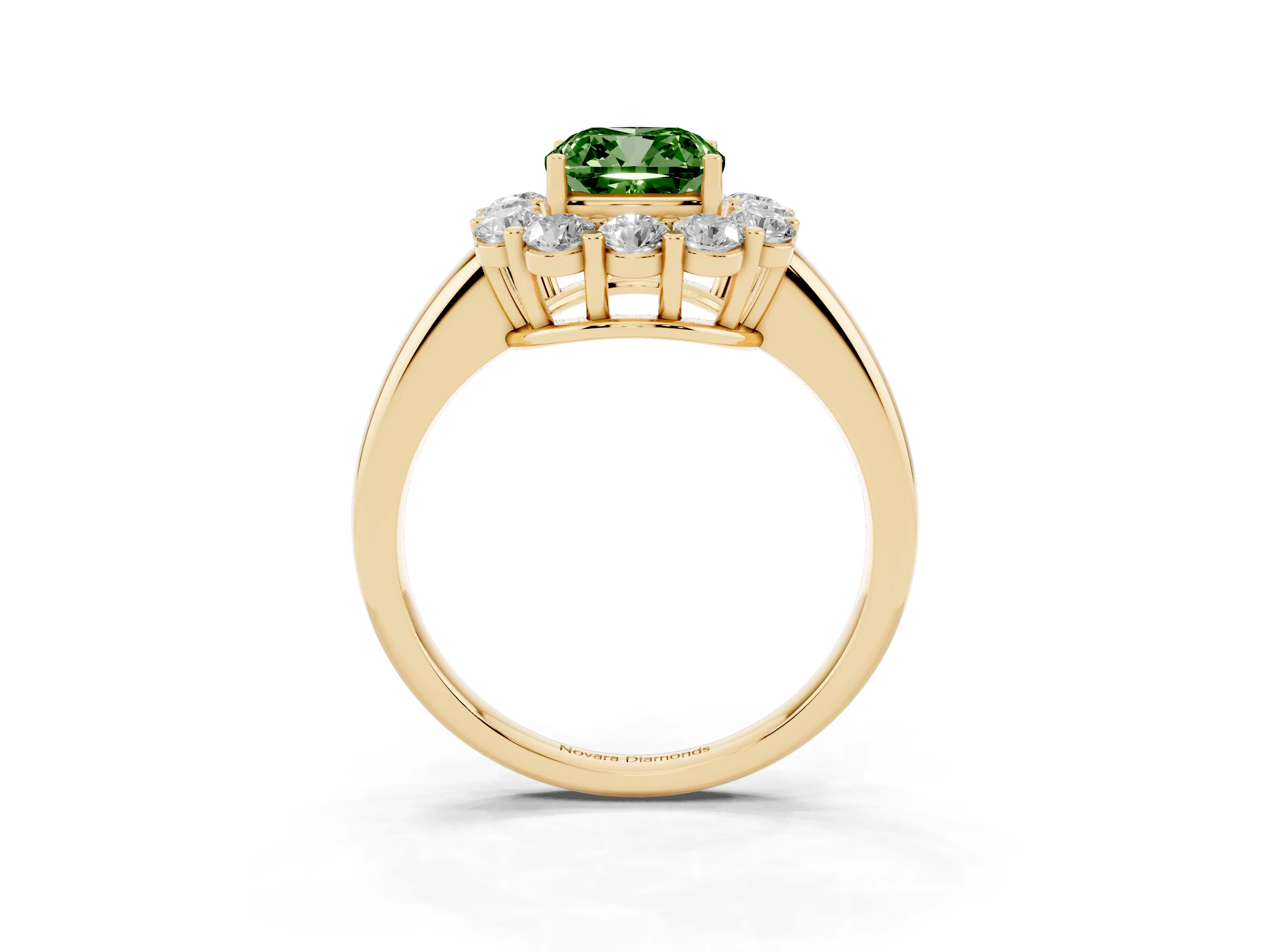 Fancy Green Cushion Cut Diamond Halo Cluster Engagement Ring Set in Yellow gold with Polished Band and Prong Setting