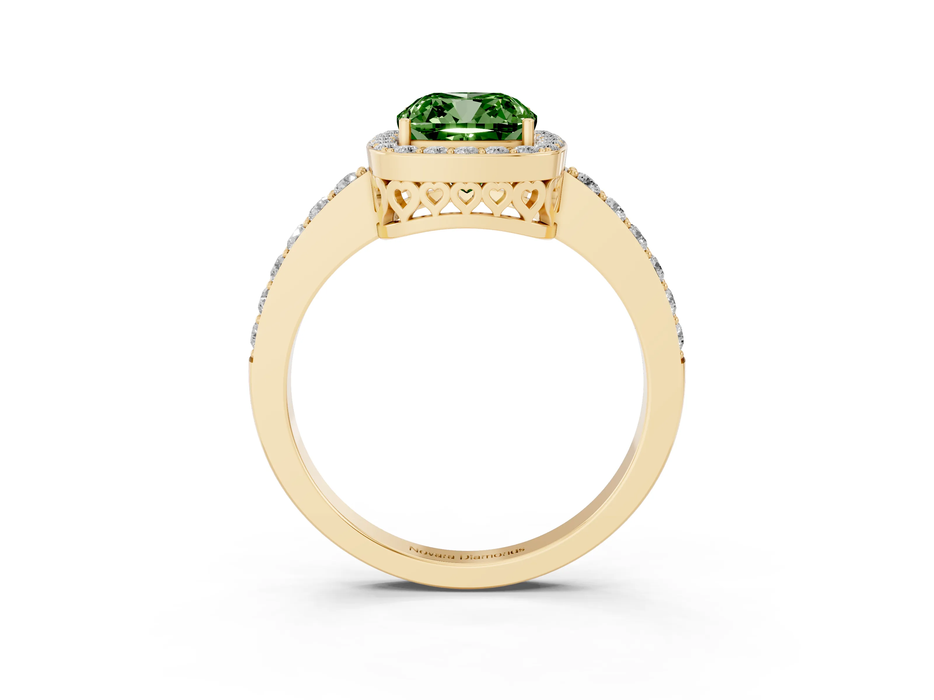 Fancy Green Cushion Cut Diamond Halo Ring Set in Yellow gold with Pavé-Setting Band and Open Prong Center