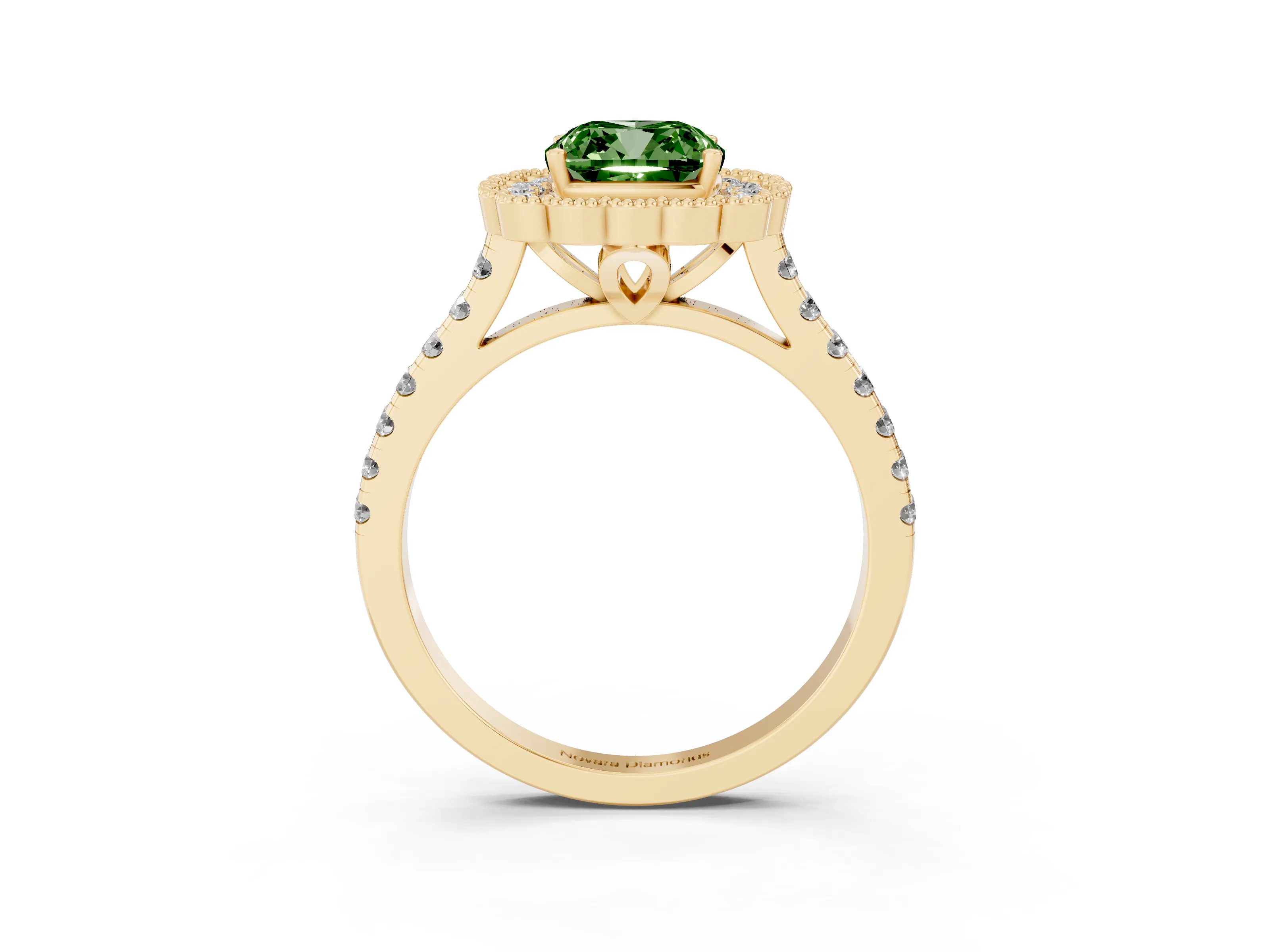 Fancy Green Cushion Cut Diamond Milgrain Floral Halo Engagement Ring Set in Yellow gold with Pavé Band