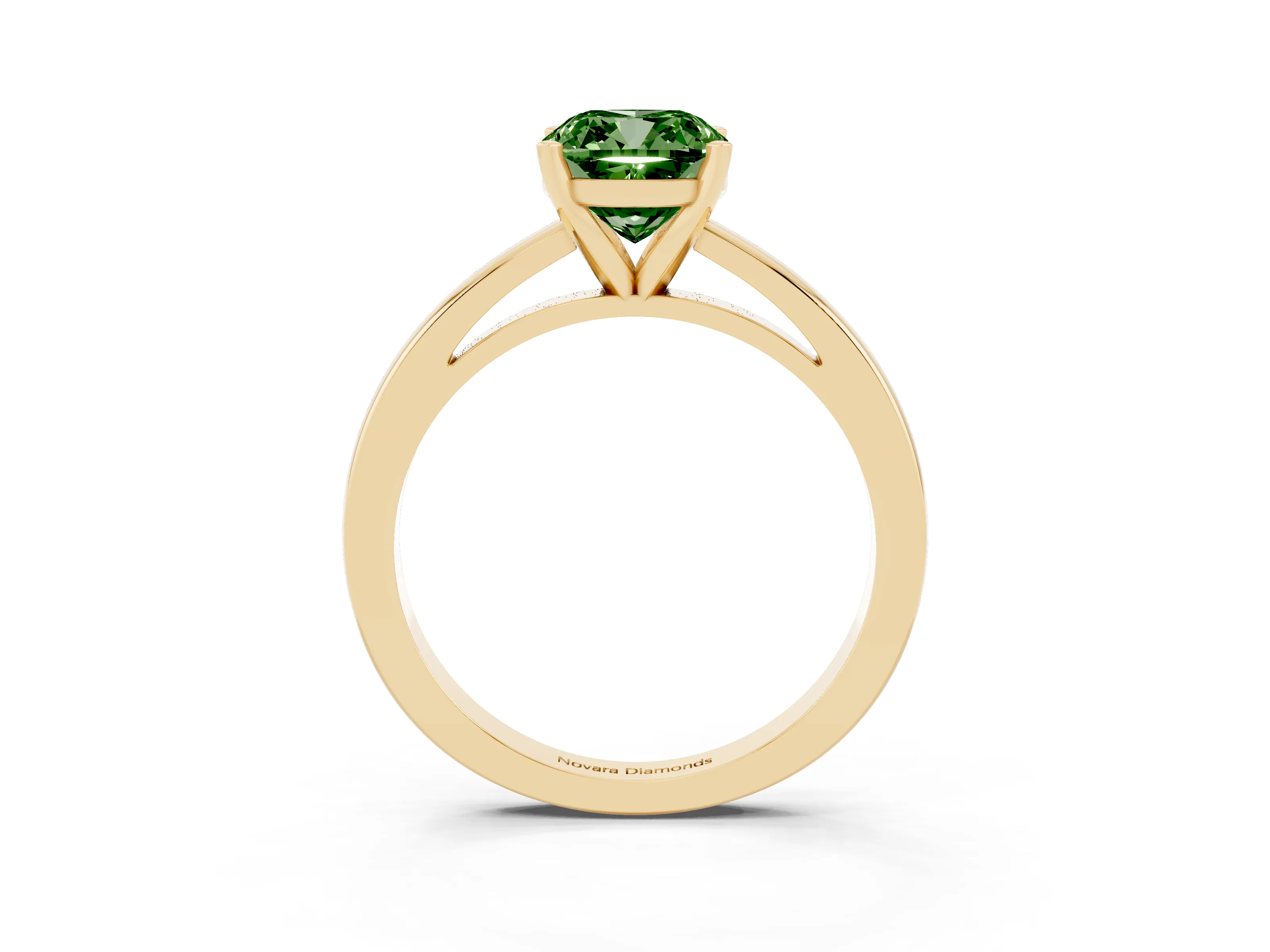 Fancy Green Cushion Cut Diamond Solitaire Engagement Ring Set in Yellow gold with Prong Setting on a Classic Band