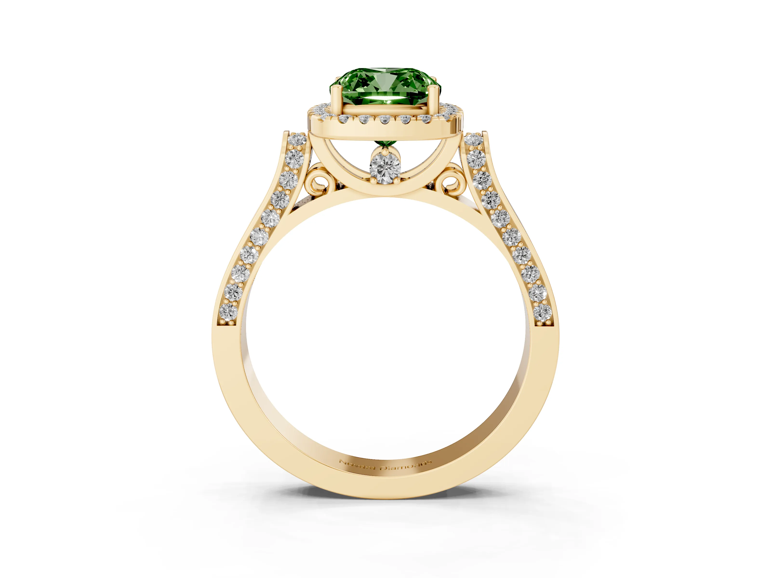 Fancy Green Cushion Cut Diamond Halo Ring Set in Yellow gold with Pavé-Lined Split Shank Band
