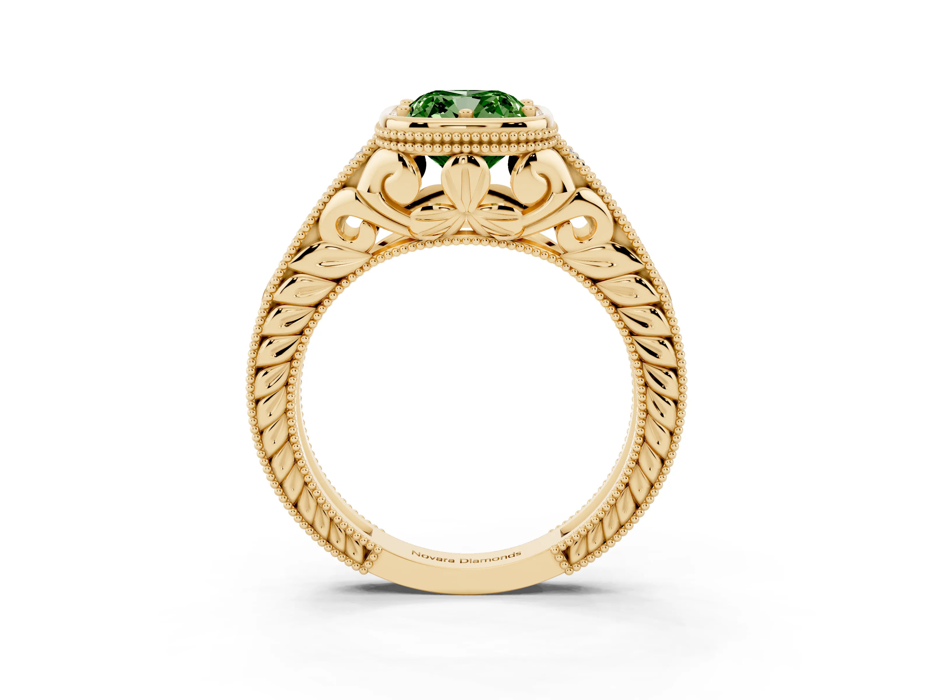 Fancy Green Bezel Set Cushion Cut Diamond Milgrain Pavé Engagement Ring Set in Yellow gold