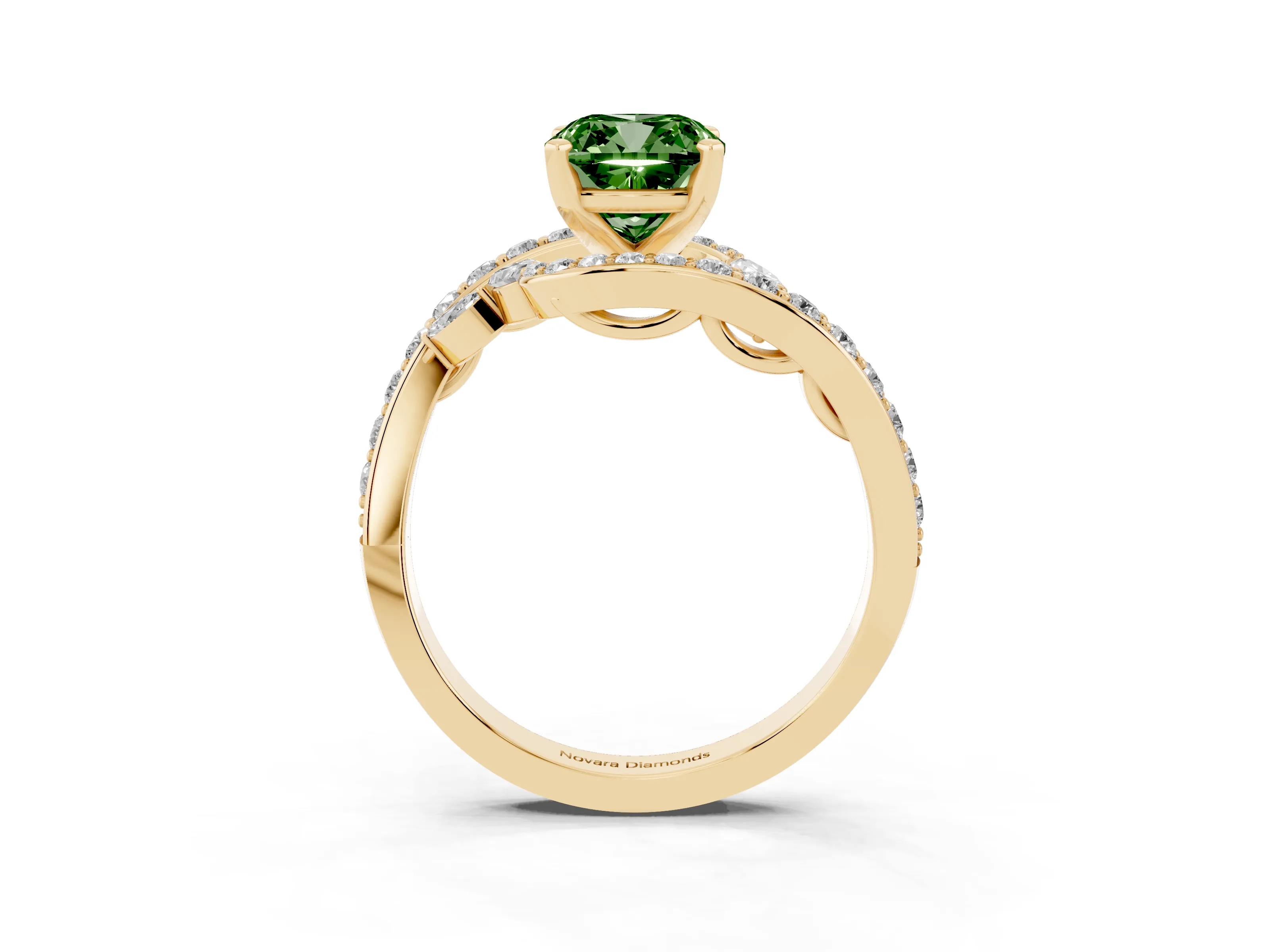 Fancy Green Cushion Cut Diamond Solitaire Ring Set in Yellow gold with Filigree Band and Prong Setting