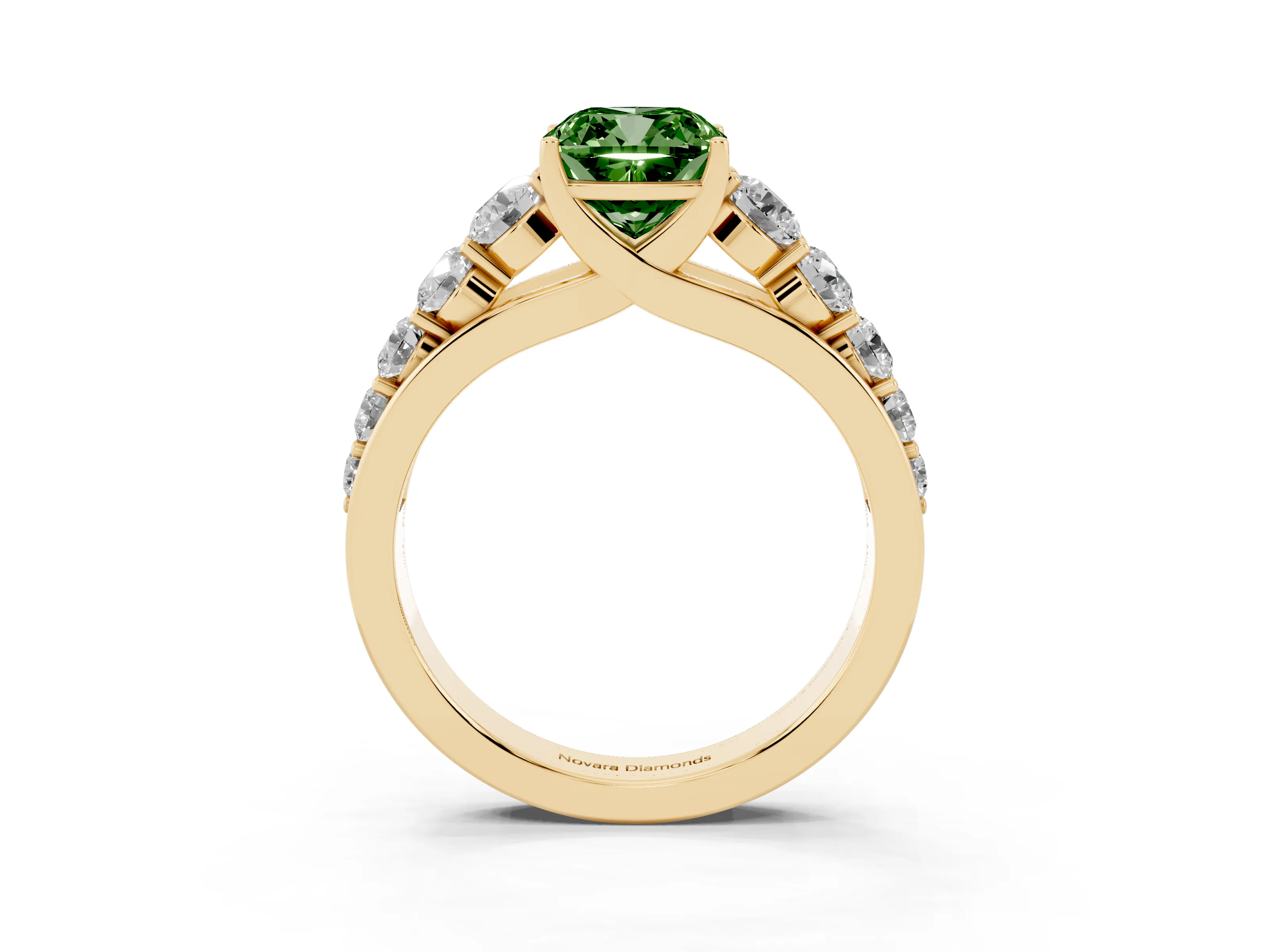 Fancy Green Cushion Cut Diamond Solitaire Ring Set in Yellow gold with Pavé-Set Band and Prong Setting