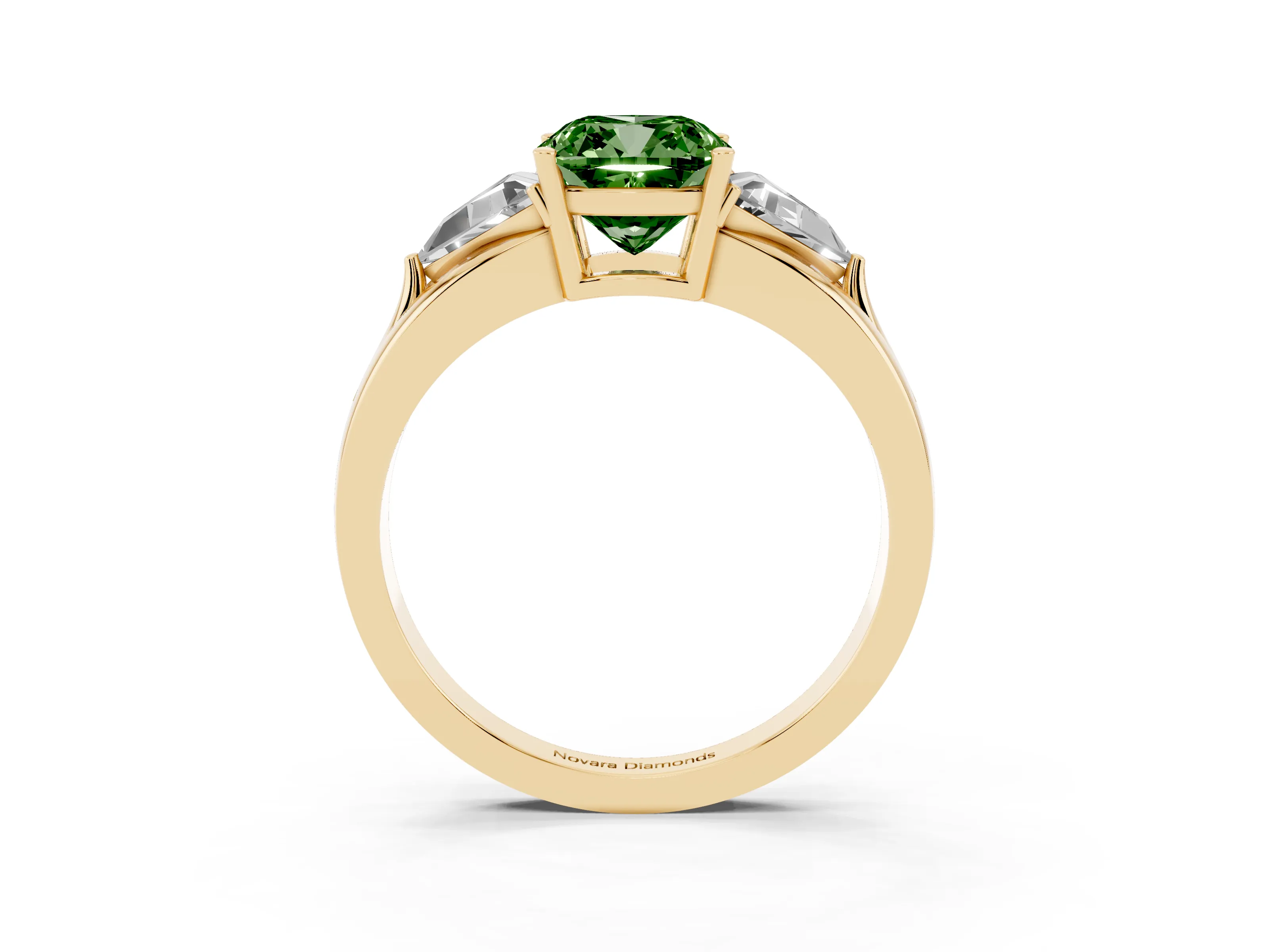 Fancy Green Cushion Cut Diamond Three-Stone Ring Set in Yellow gold with Trillion Side Stones and Split Shank