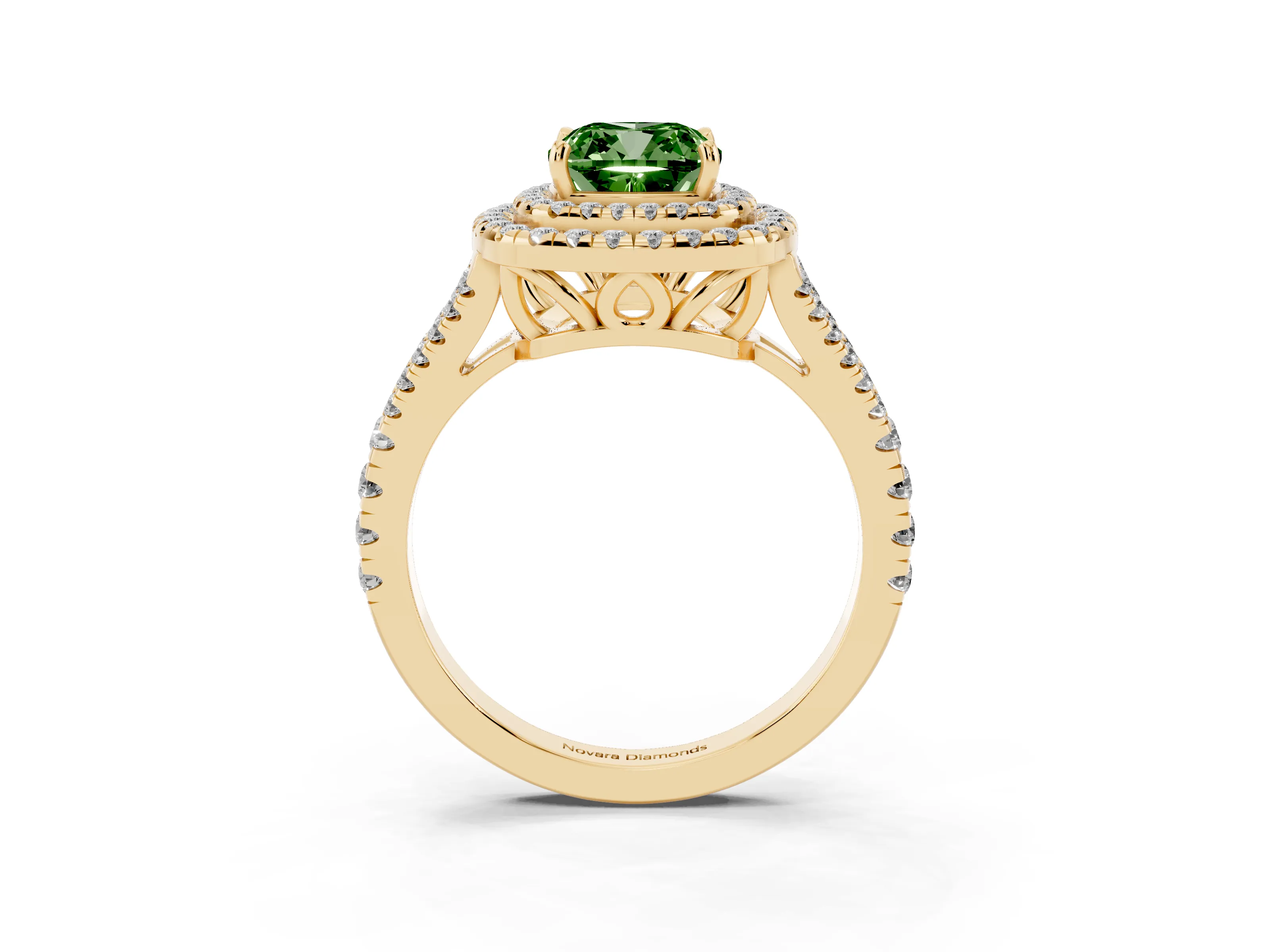 Fancy Green Cushion Cut Diamond Double Halo Ring Set in Yellow gold with Pavé Band