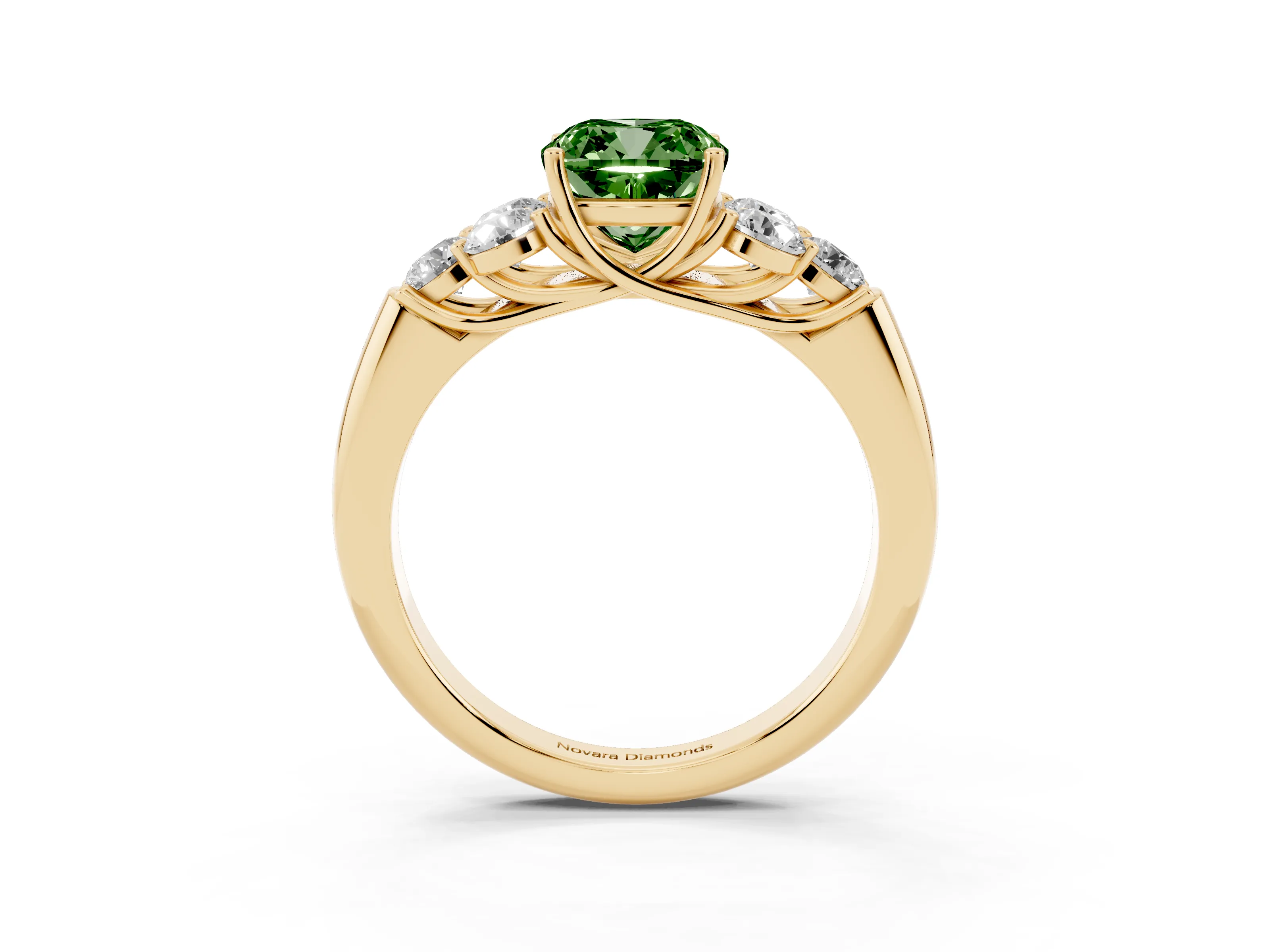Fancy Green Cushion Cut Diamond Cluster Ring Set in Yellow gold with Round Accent Stones and Prong Setting on a Plain Band