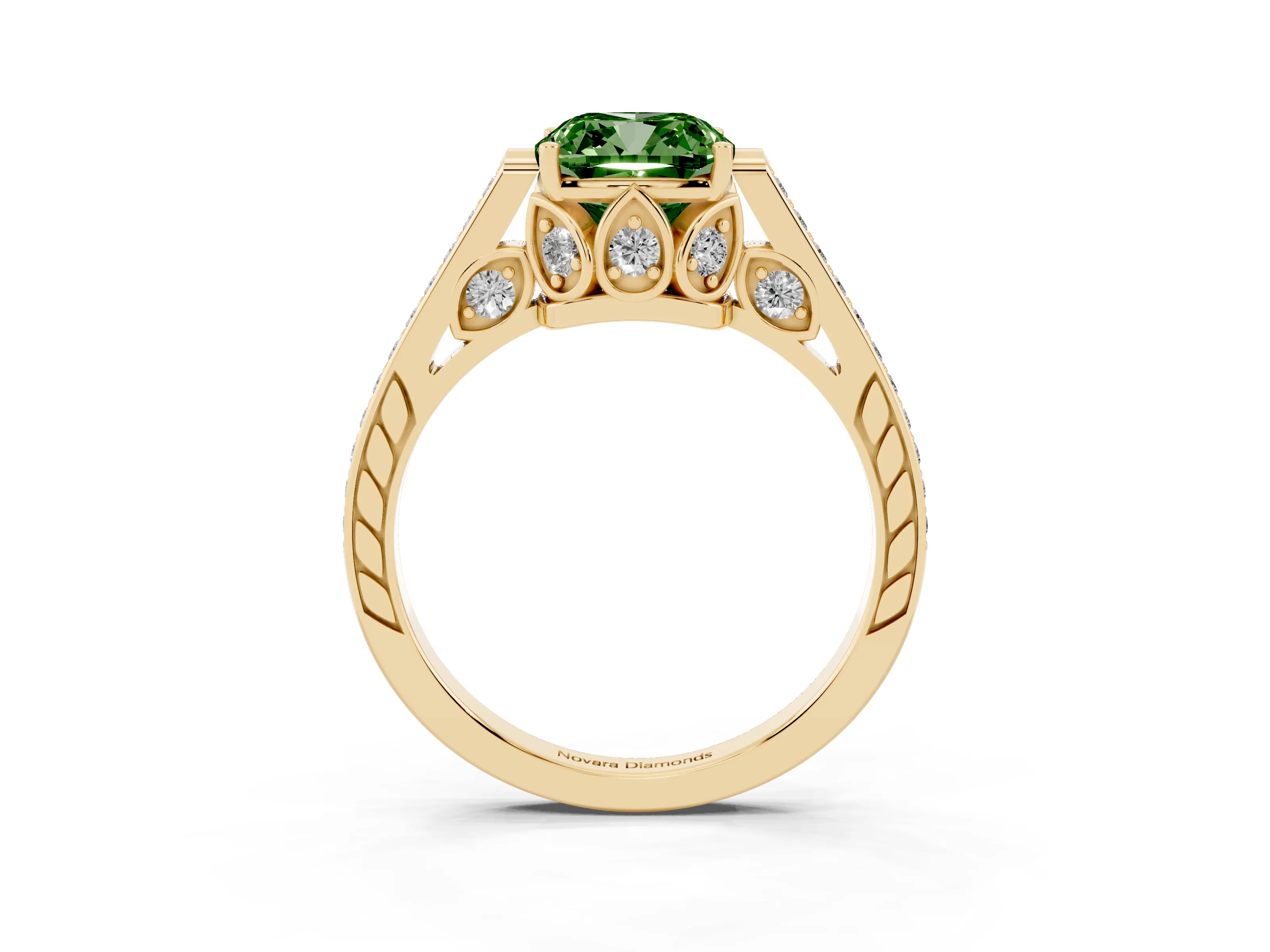 Fancy Green Cushion Cut Diamond Cathedral Pavé Engagement Ring Set in Yellow gold with Prong Setting