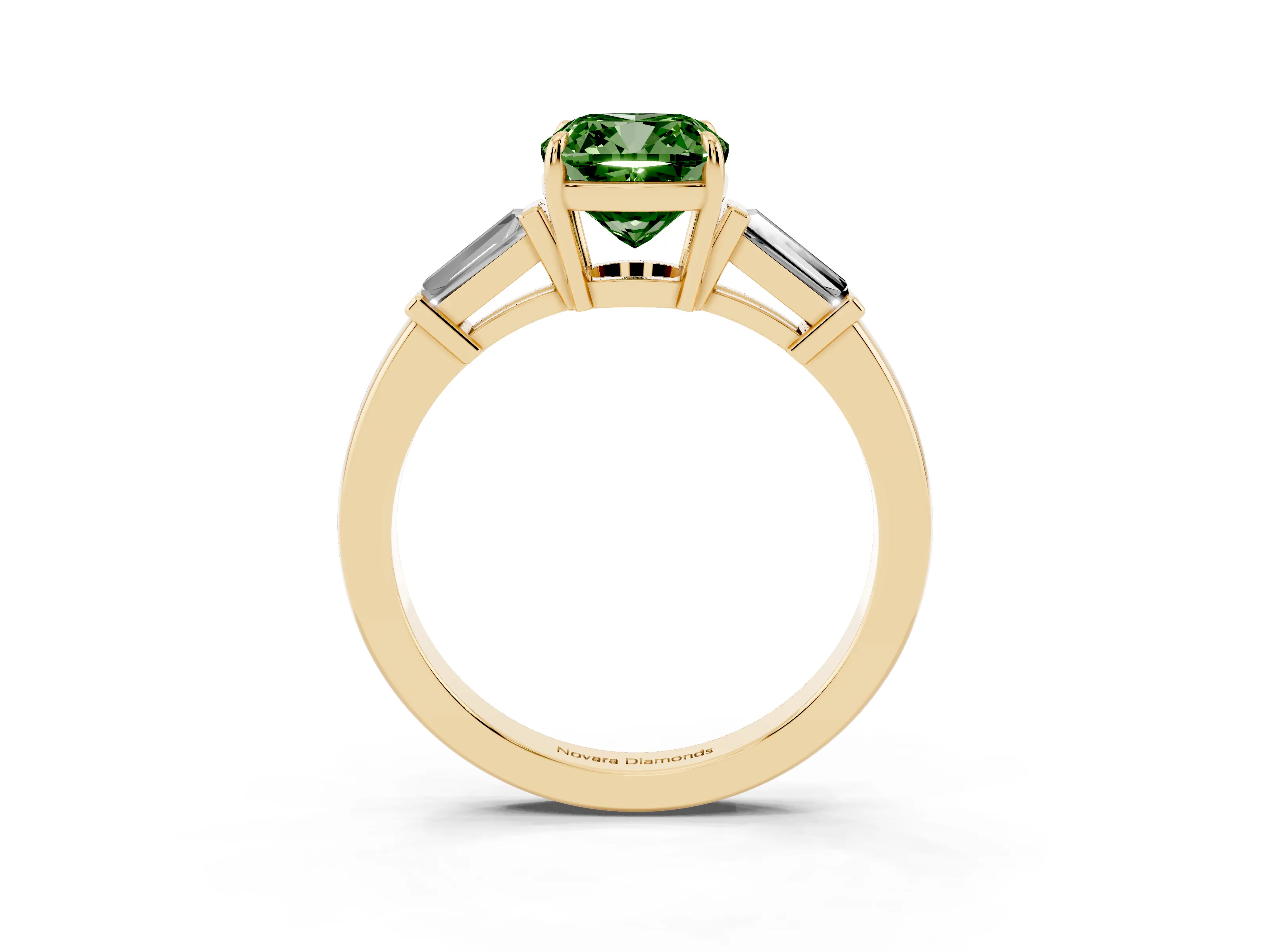 Fancy Green Cushion Cut Diamond Three-Stone Ring Set in Yellow gold with Tapered Baguette Side Stones and Prong Setting