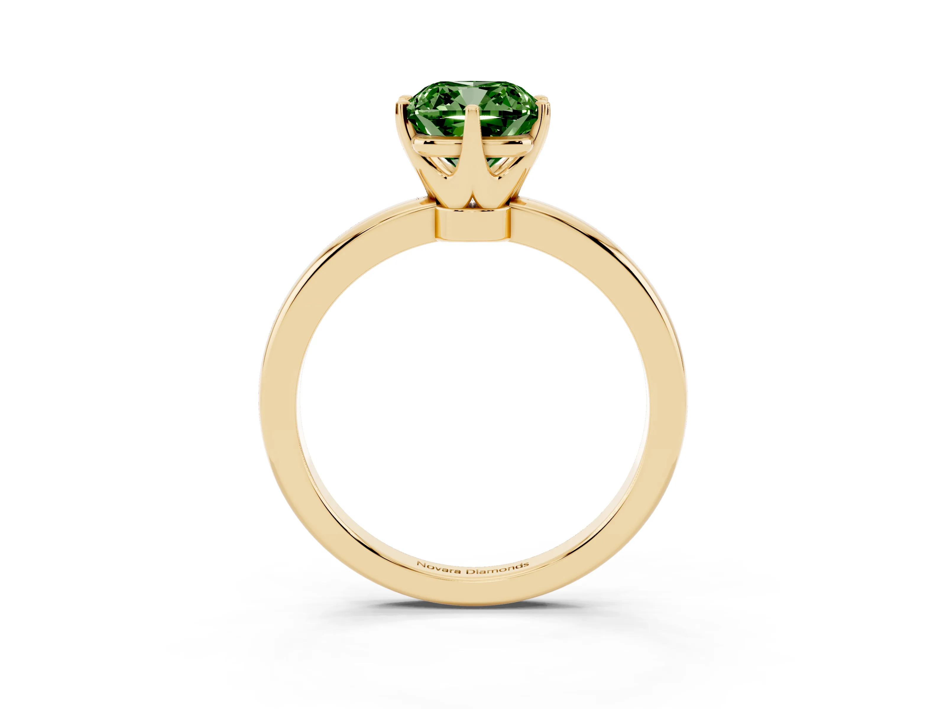Fancy Green Cushion Cut Diamond Solitaire Ring Set in Yellow gold with Raised Prong Setting on a Classic Band